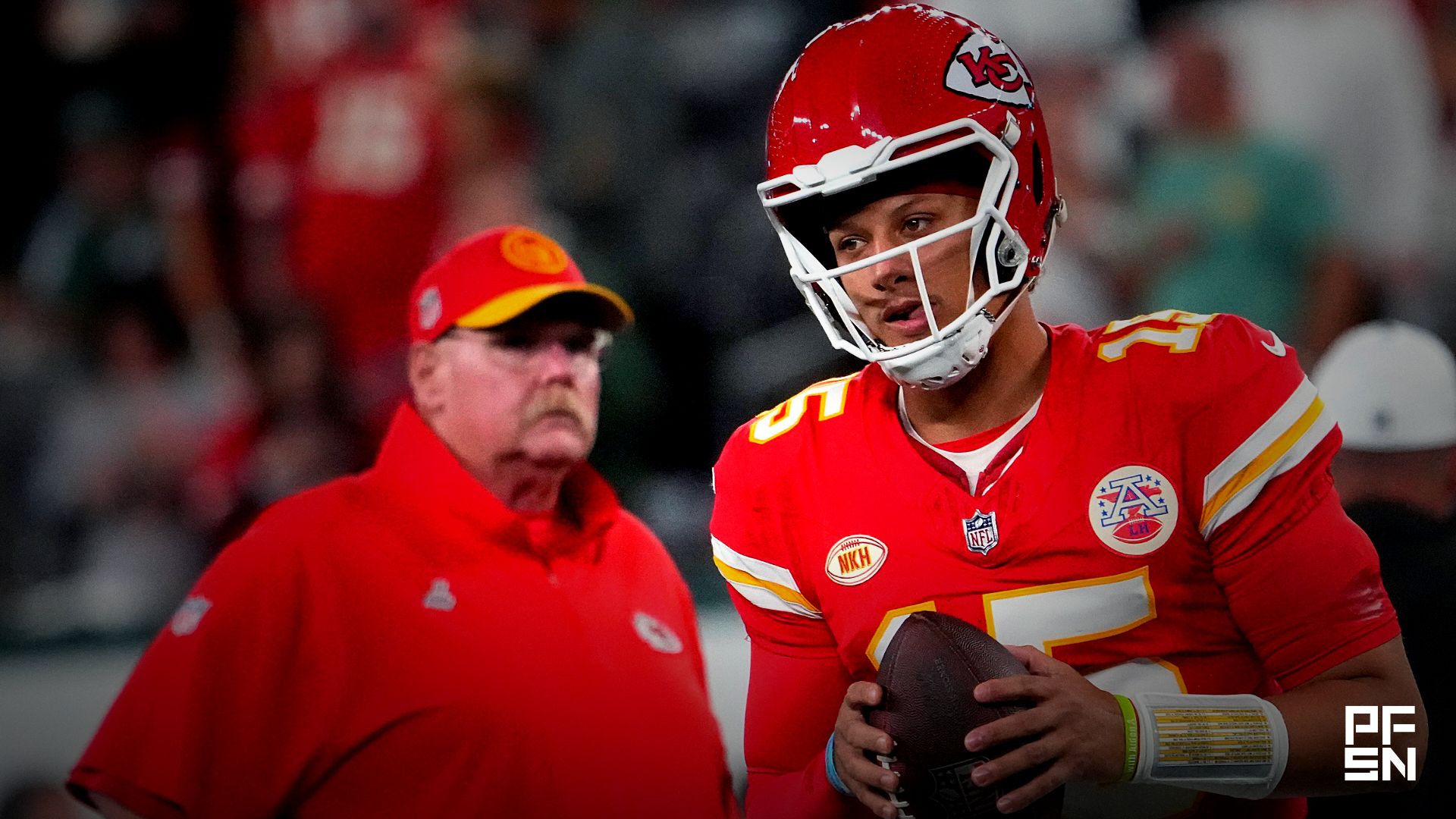 Kansas City Chiefs quarterback Patrick Mahomes (15) and Kansas City Chiefs head coach Andy Reid pre game against the Jets at MetLife Stadium.
Credit:
© Robert Deutsch, Robert Deutsch / USA TODAY NETWORK via Imagn Images