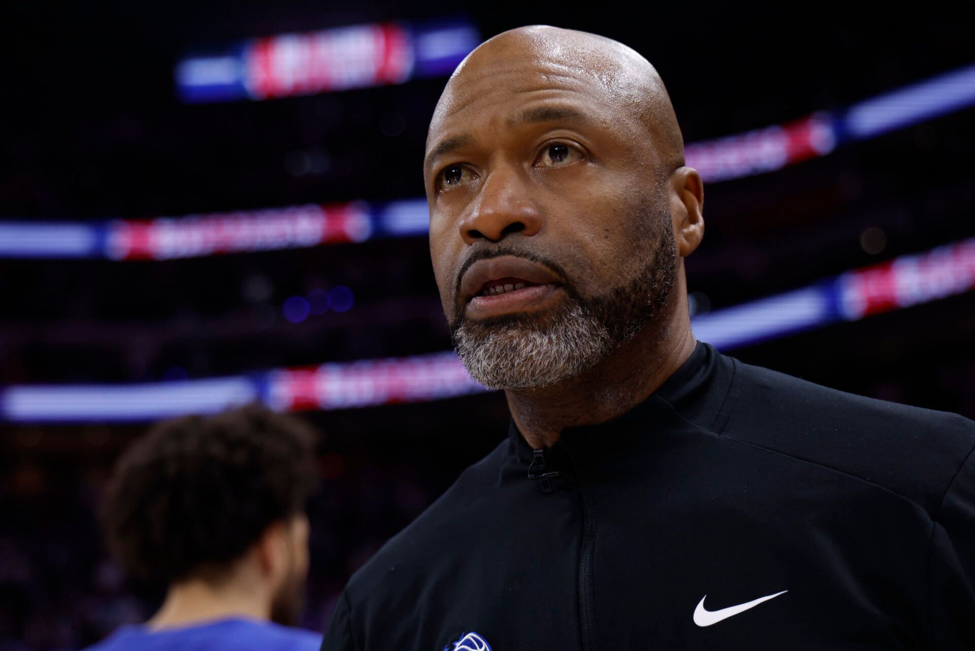 Orlando Magic head coach Jamahl Mosley walks off after the game against the Detroit Pistons after game seven of the first round of the 2026 NBA Playoffs at Little Caesars Arena.