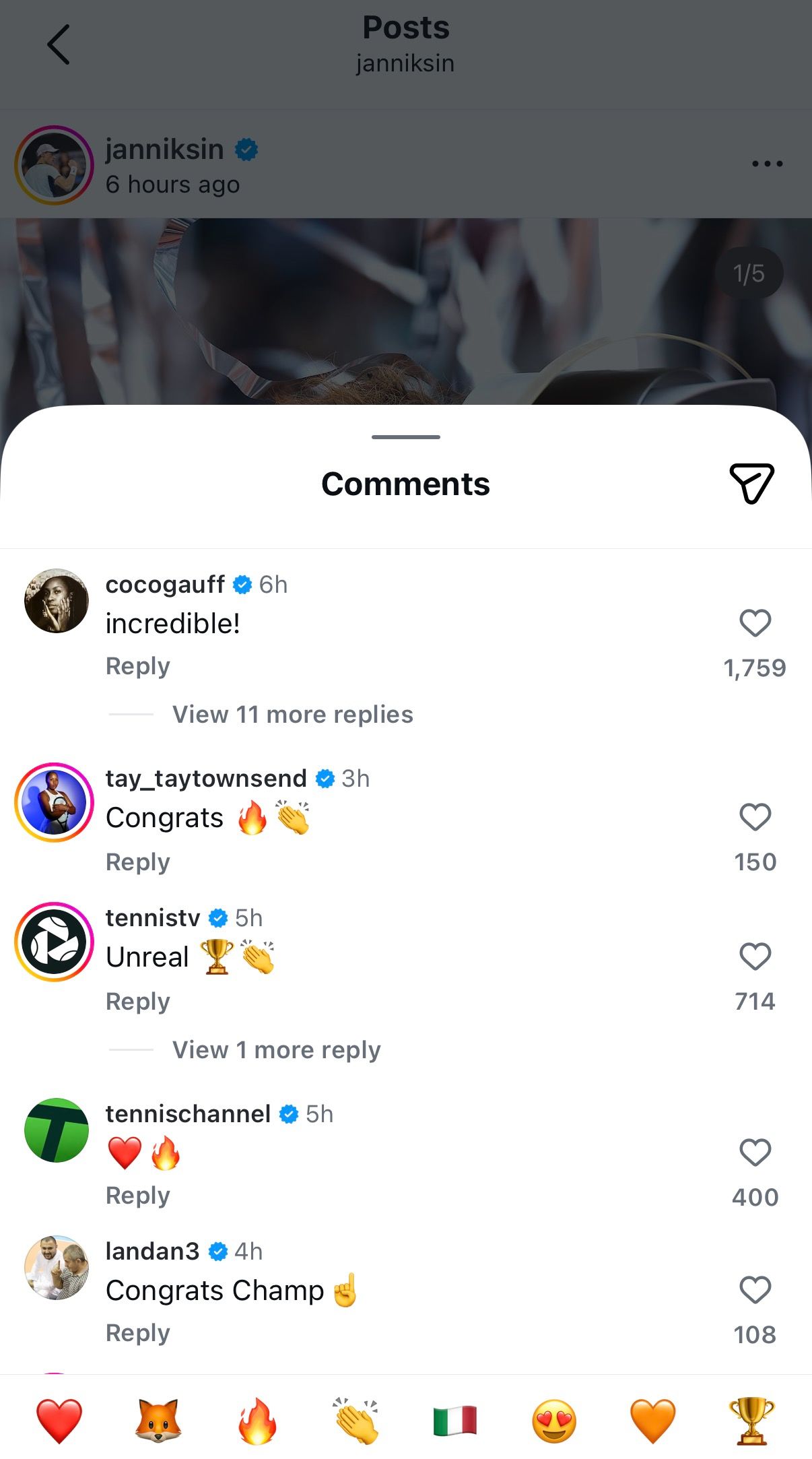 Screengrab of Players' Comments on Jannik Sinner's Post