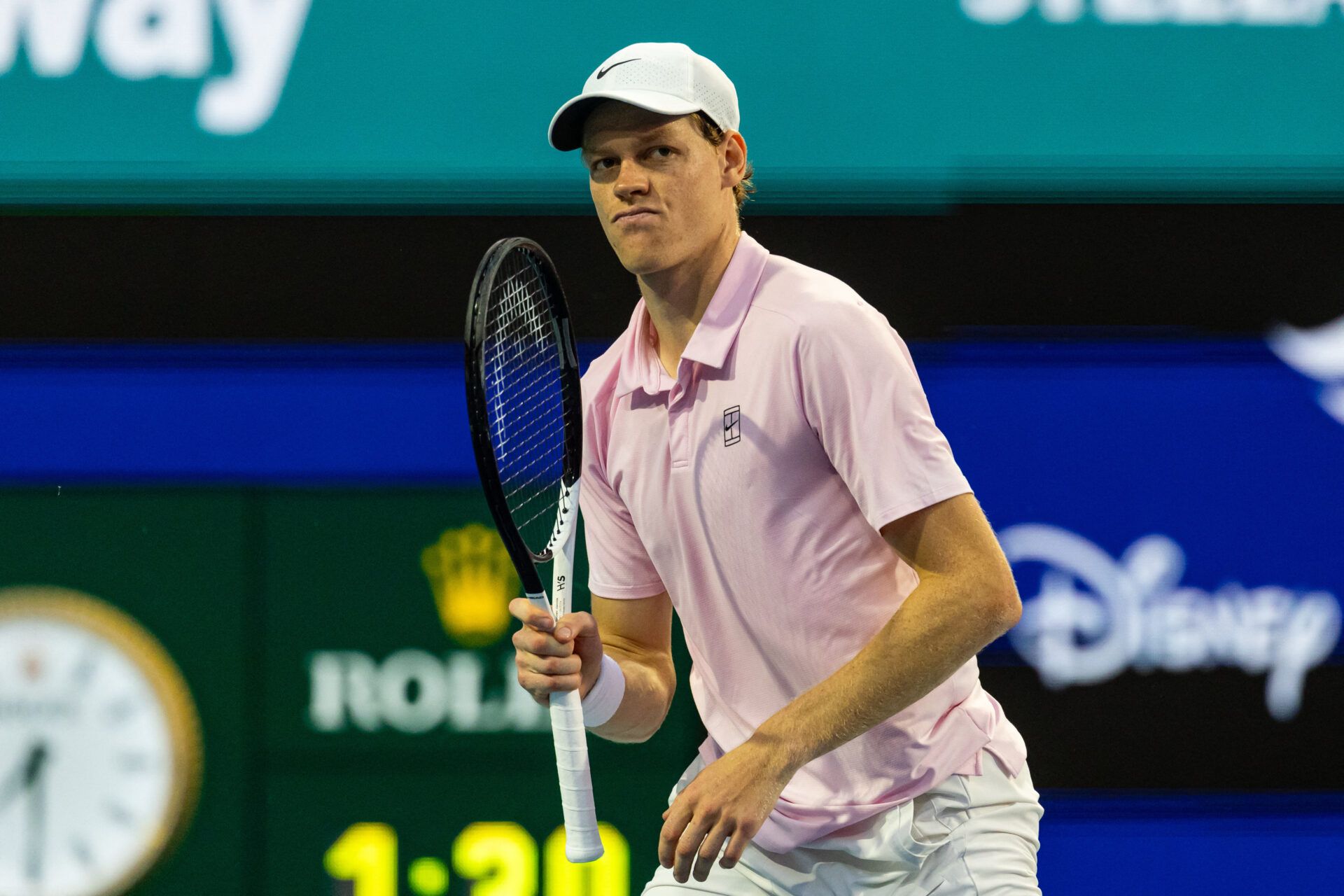 Jannik Sinner of Italy celebrates during his match against Jiri Lehecka of the Czech Republic after beating him in the final of the men’s singles at the Miami Open at the Hard Rock Stadium.