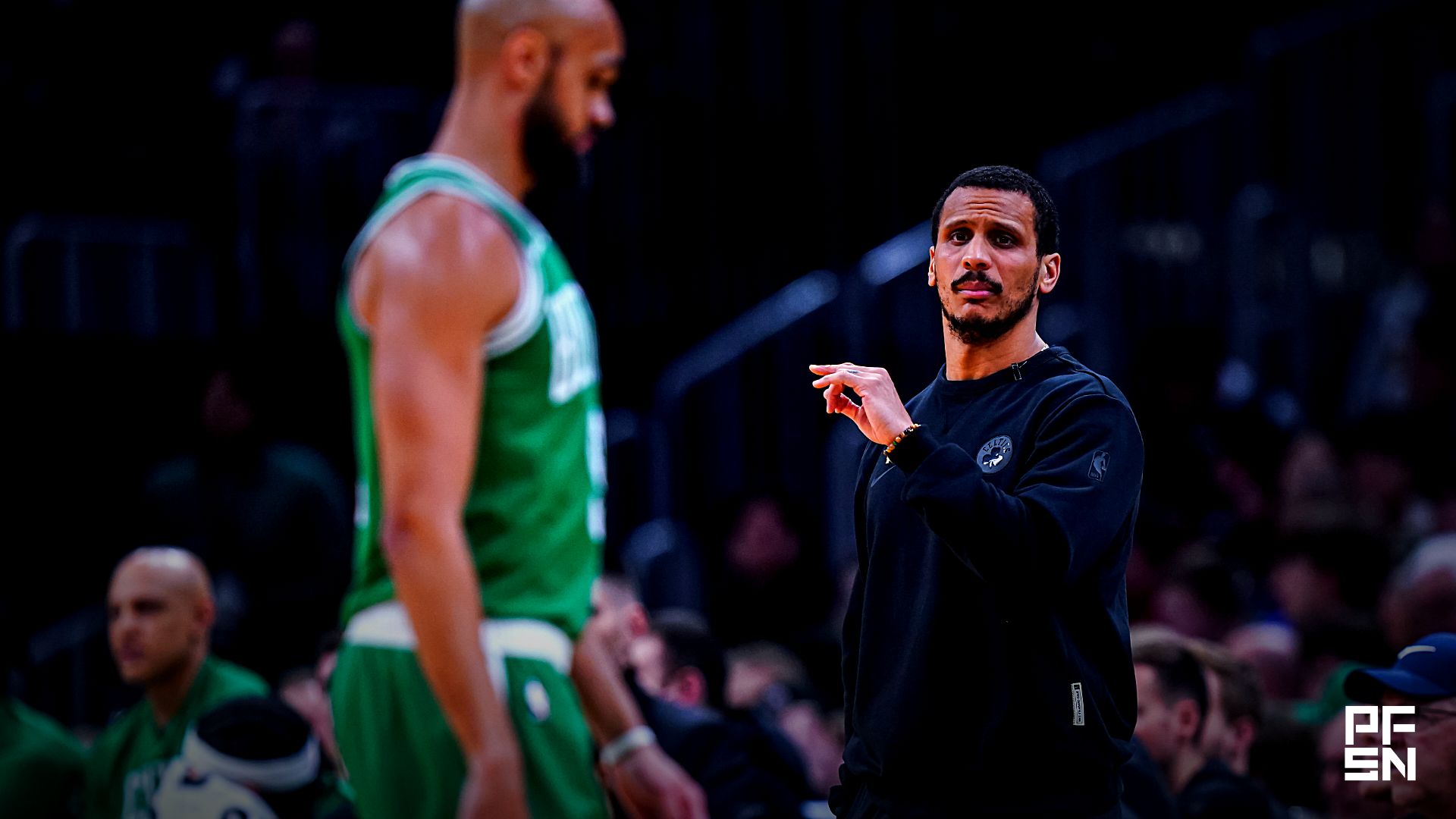 Boston Celtics head coach Joe Mazzulla watches from the sideline as they take on the Golden State Warriors at TD Garden.