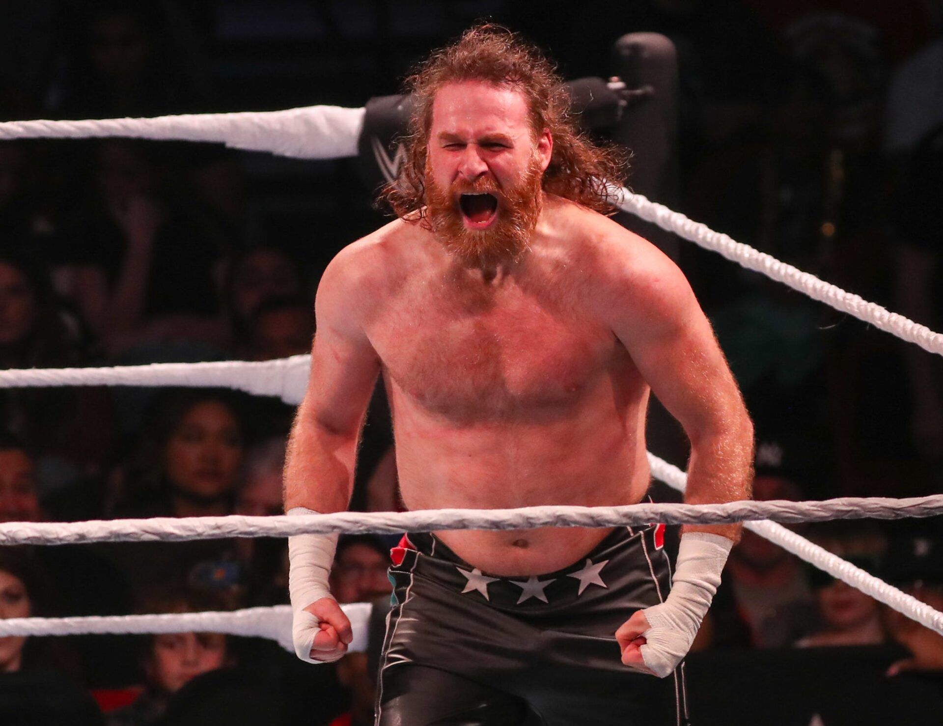 Sami Zayn fires up during his match during the WWE Road to WrestleMania show, Saturday, Feb. 14, 2026, in United Supermarkets Arena at Lubbock.