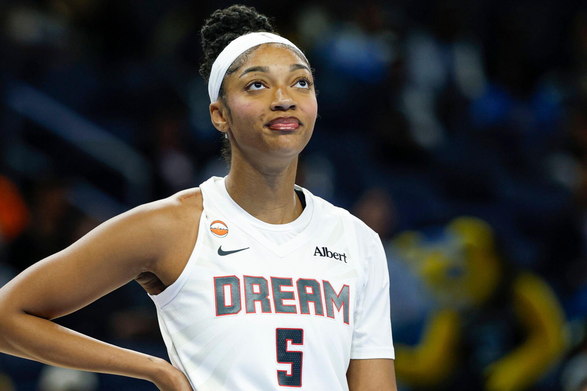 Atlanta Dream forward Angel Reese (5) reacts during the first half of a WNBA preseason game against the Chicago Sky at Wintrust Arena.