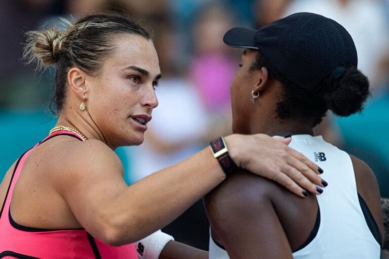 Aryna Sabalenka, left, of Belarus embraces Coco Gauff of the United States after beating her in the final of the women’s singles at the Hard Rock Stadium.