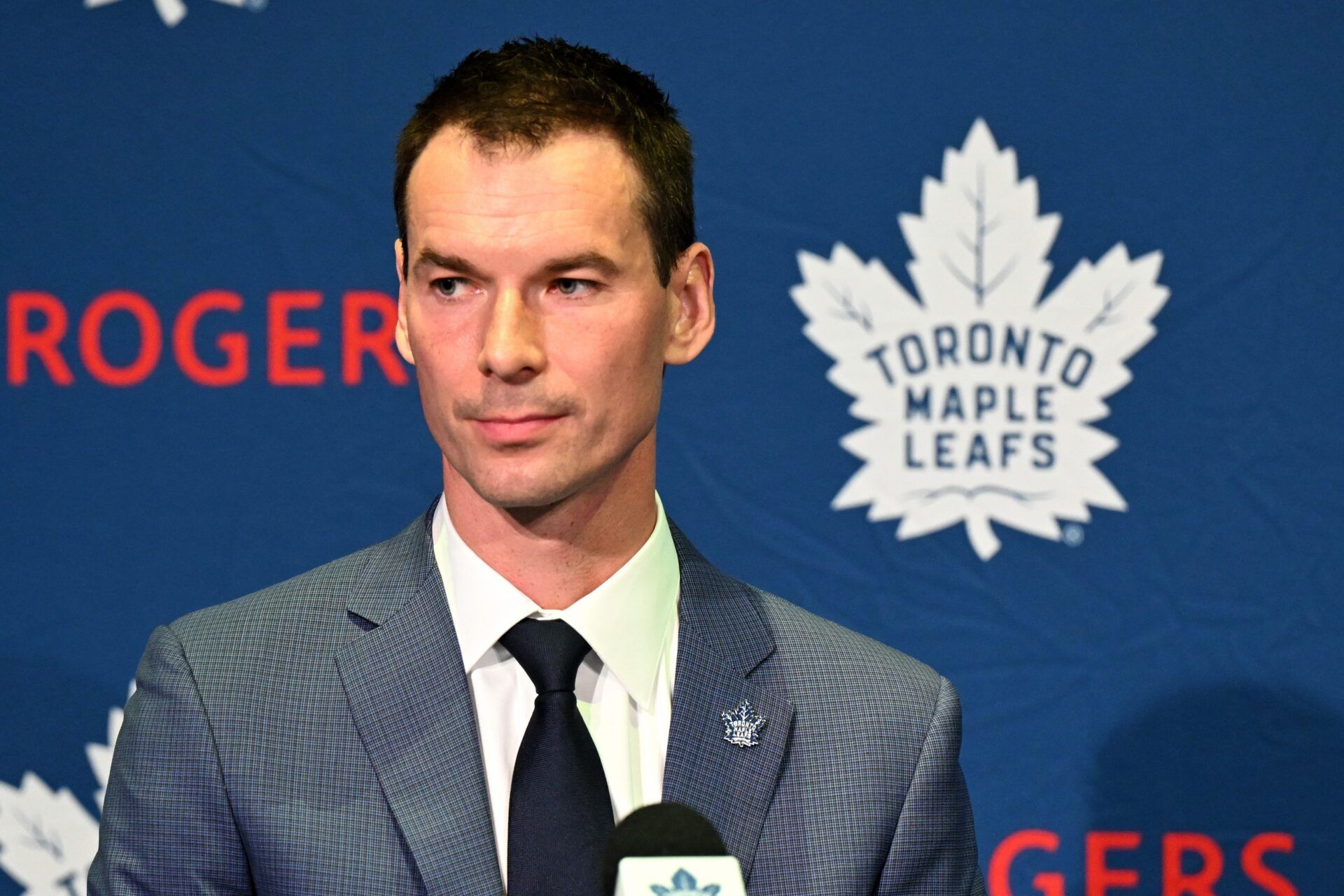 Toronto Maple Leafs general manager John Chayka speaks to the media  at Real Sports Bar.