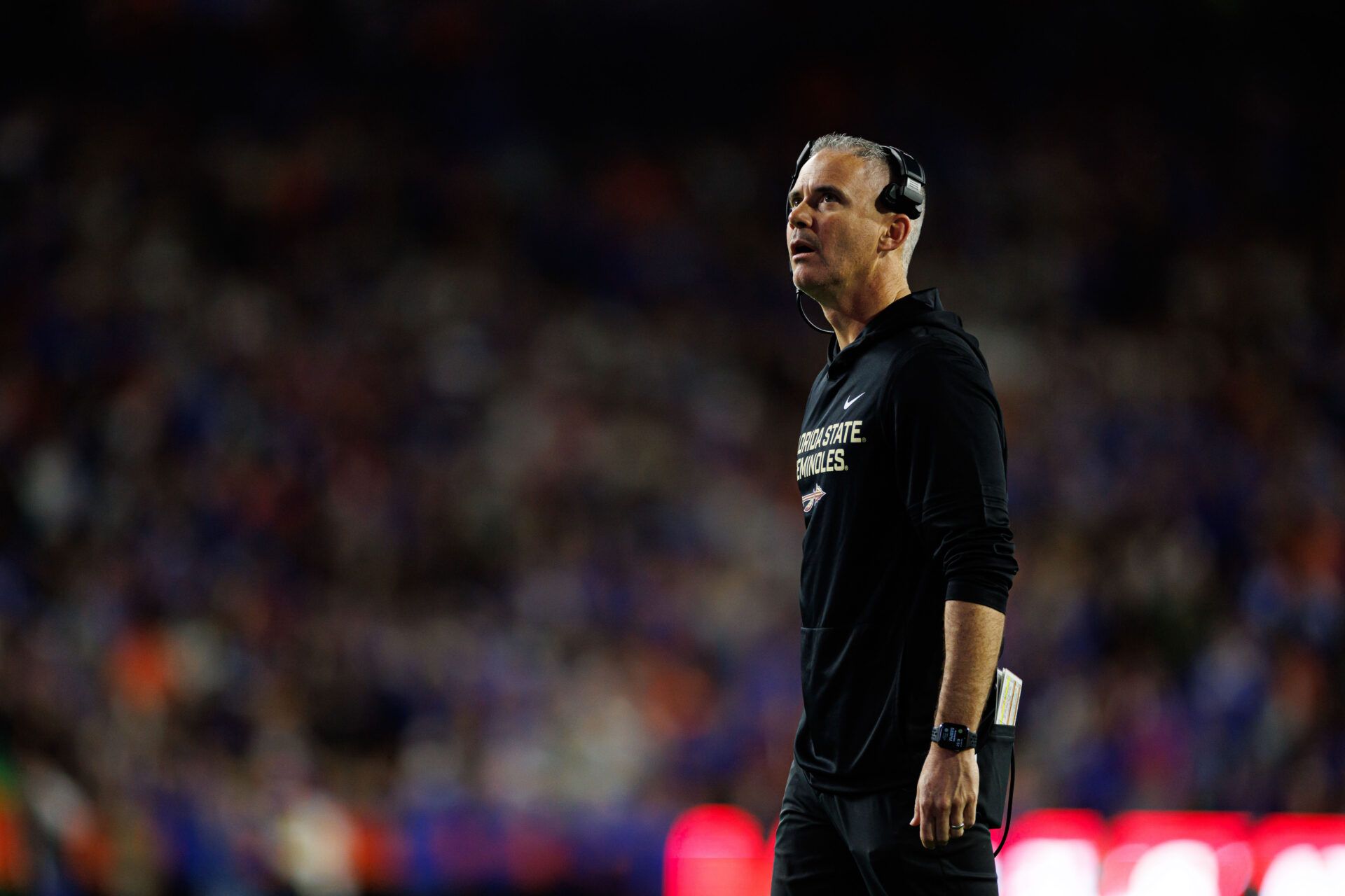 Florida State Seminoles head coach Mike Norvell looks on against the Florida Gators during the second half at Ben Hill Griffin Stadium.