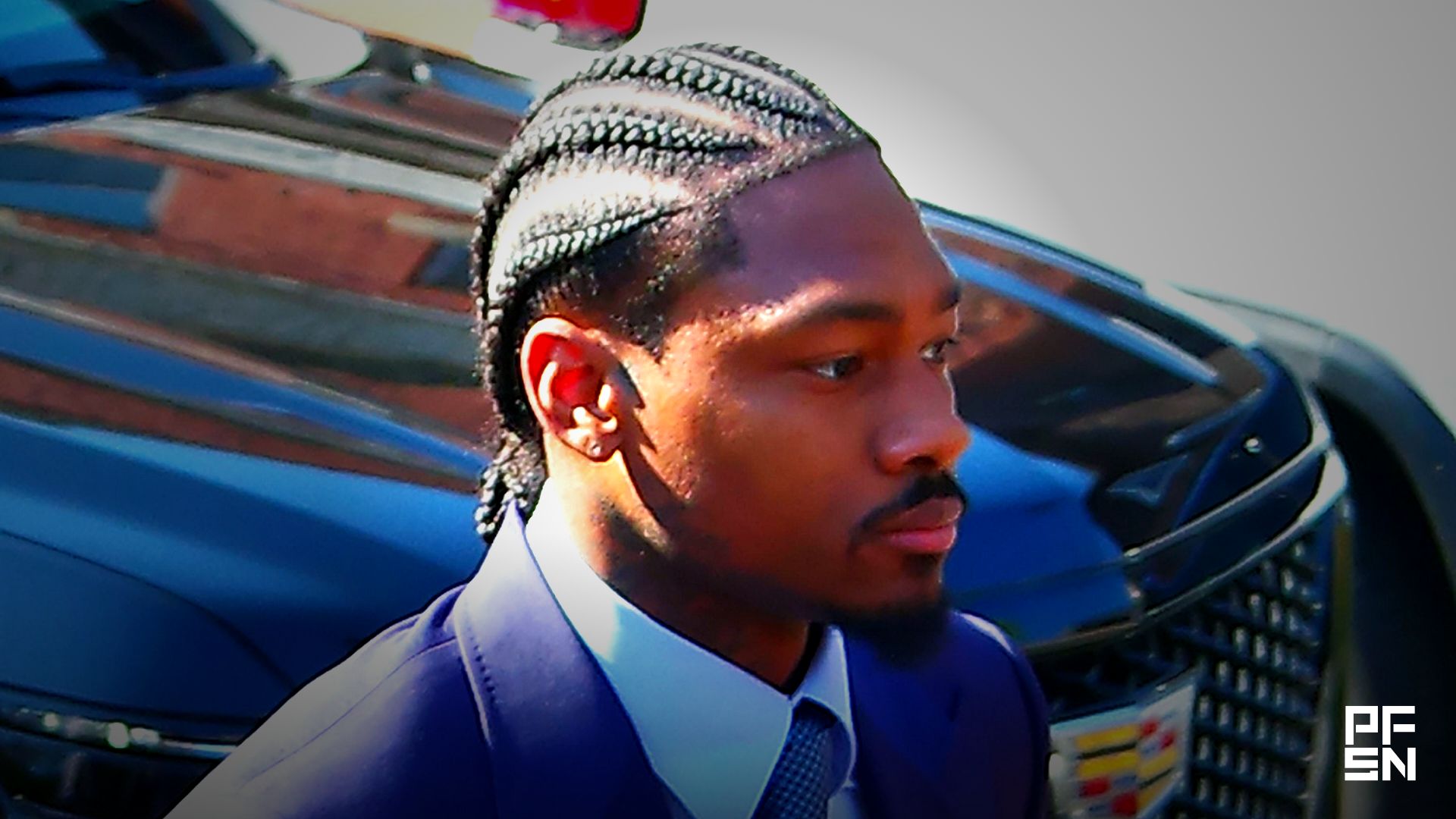 NFL wide receiver Stefon Diggs arrives at the Dedham District Court in Massachusetts ahead of jury selection on May 4, 2026.

Credit:
© Mark Jarret Chavous/The Enterprise / USA TODAY NETWORK via Imagn Images
