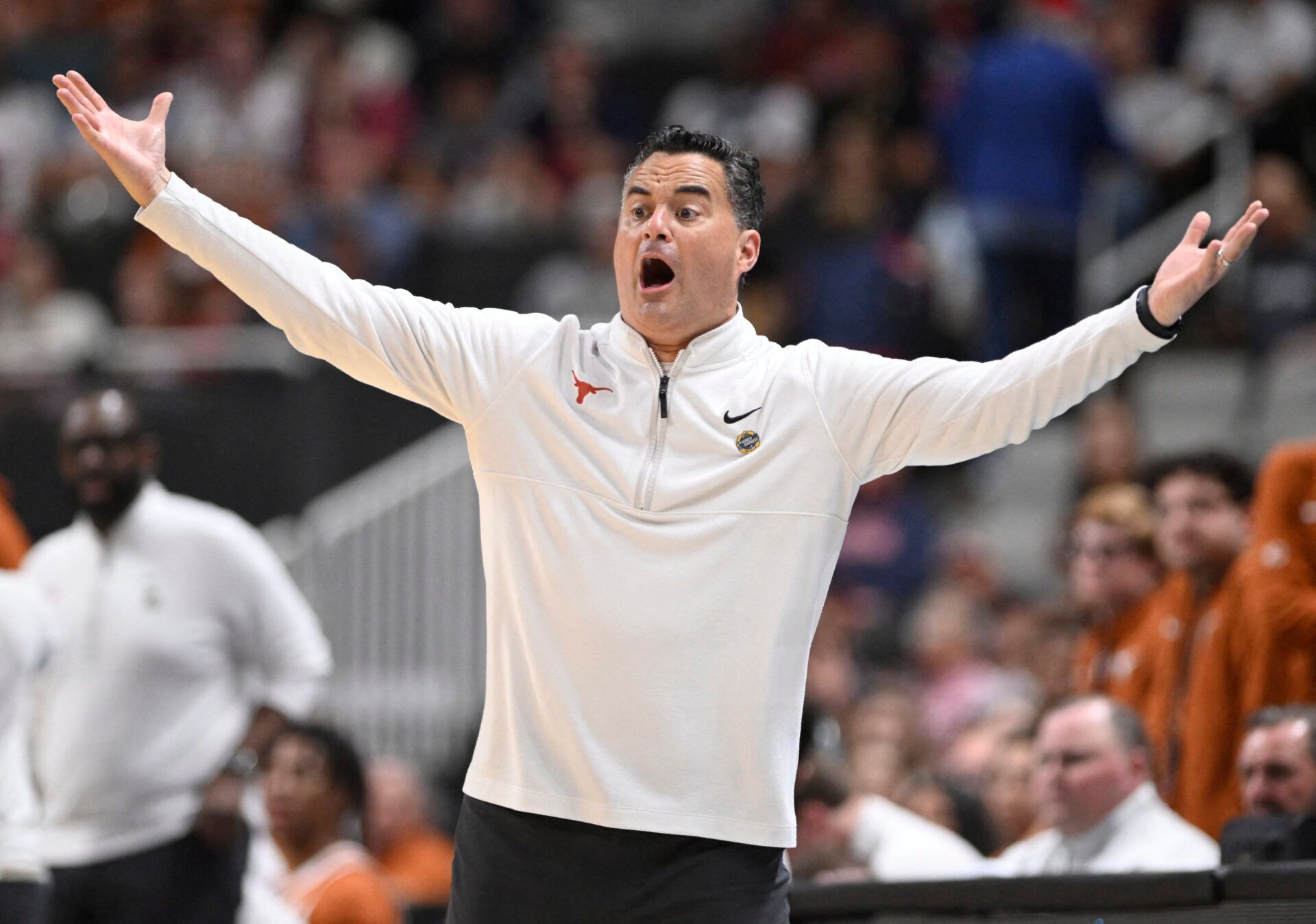 Texas Longhorns head coach Sean Miller reacts to a play against the Purdue Boilermakers in the second half during a Sweet Sixteen game of the West Regional of the men's 2026 NCAA Tournament at SAP Center.