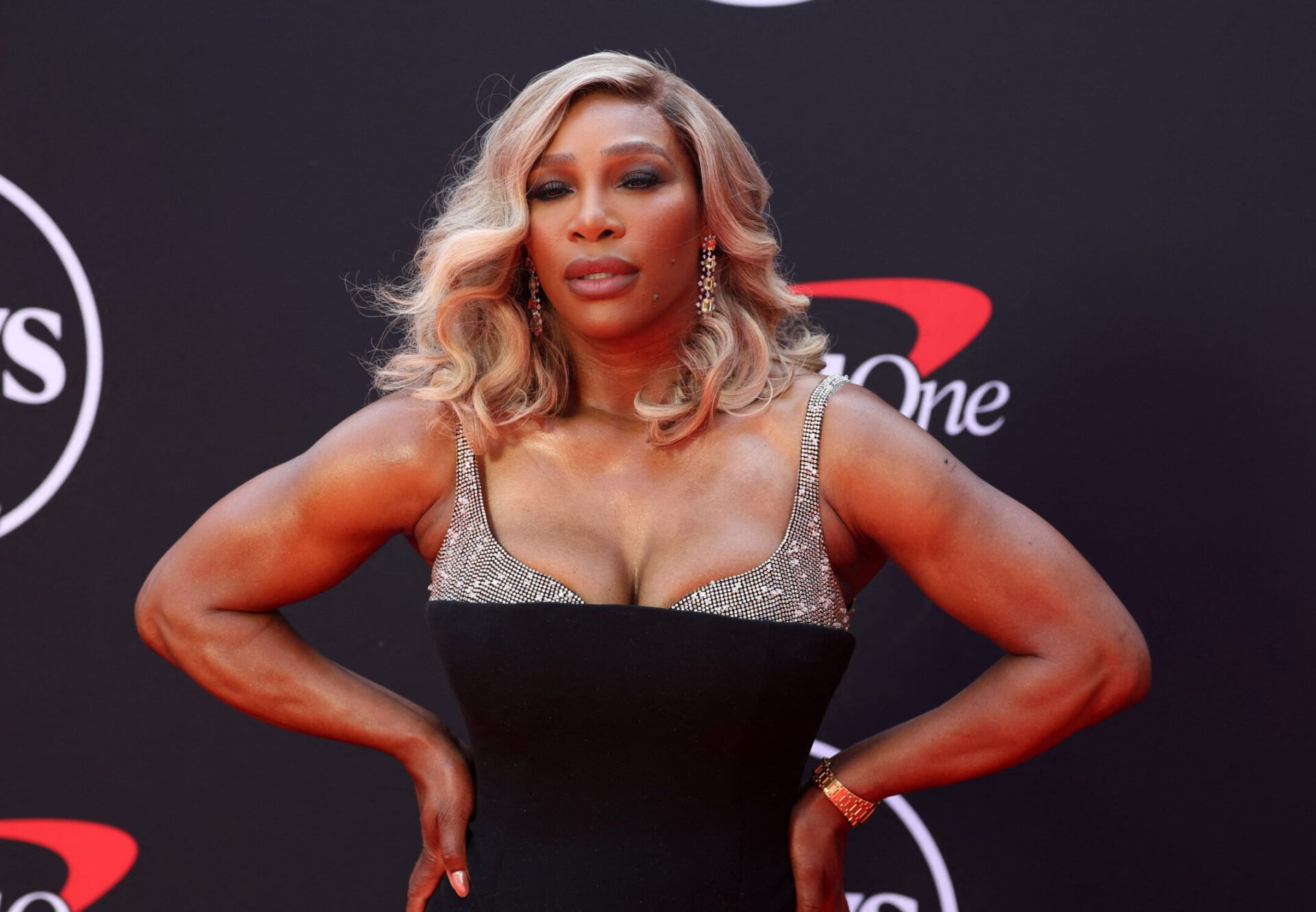 Former tennis star Serena Williams arrives on the red carpet before hosting the 2024 ESPYS at Dolby Theatre.