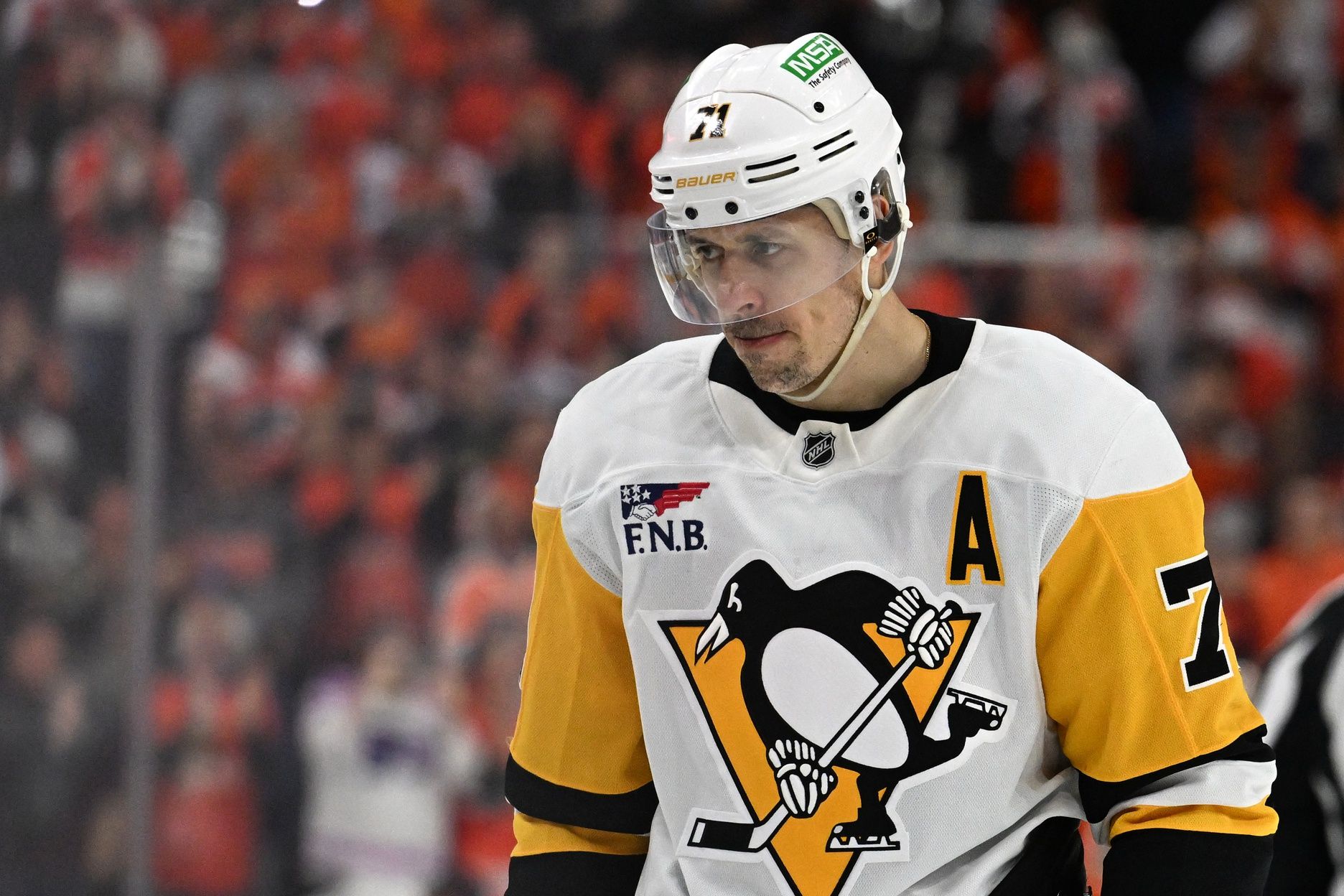 (Editors Notes: Caption Correction) Pittsburgh Penguins center Evgeni Malkin (71) skates off the ice after loss to the Philadelphia Flyers in game three of the first round of the 2026 Stanley Cup Playoffs at Xfinity Mobile Arena.