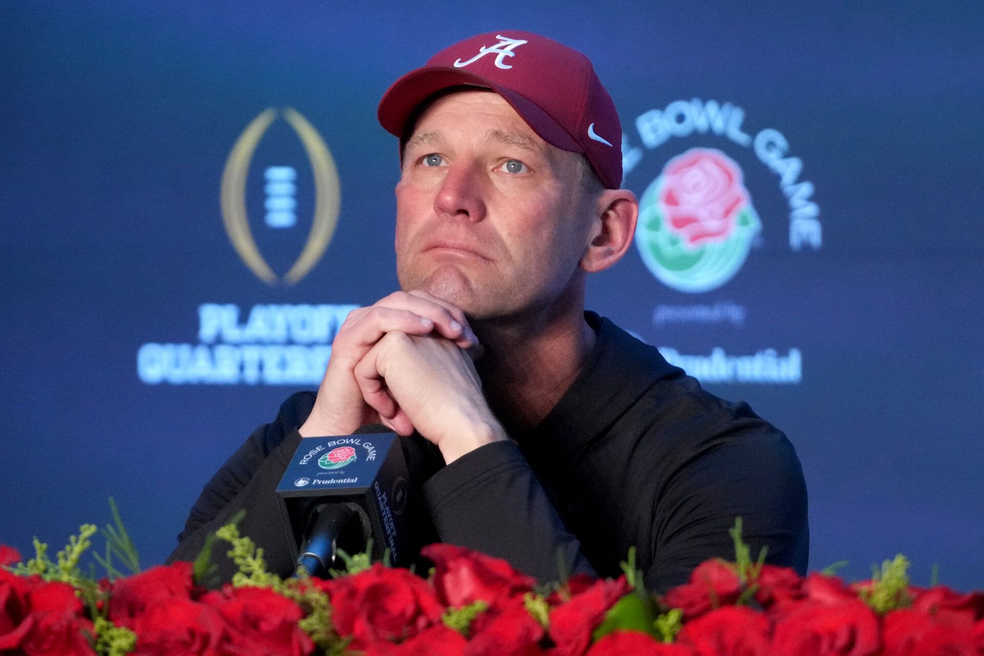 Alabama Crimson Tide head coach Kalen DeBoer speaks in a press conference after the 2026 Rose Bowl and quarterfinal game of the College Football Playoff at Rose Bowl Stadium.