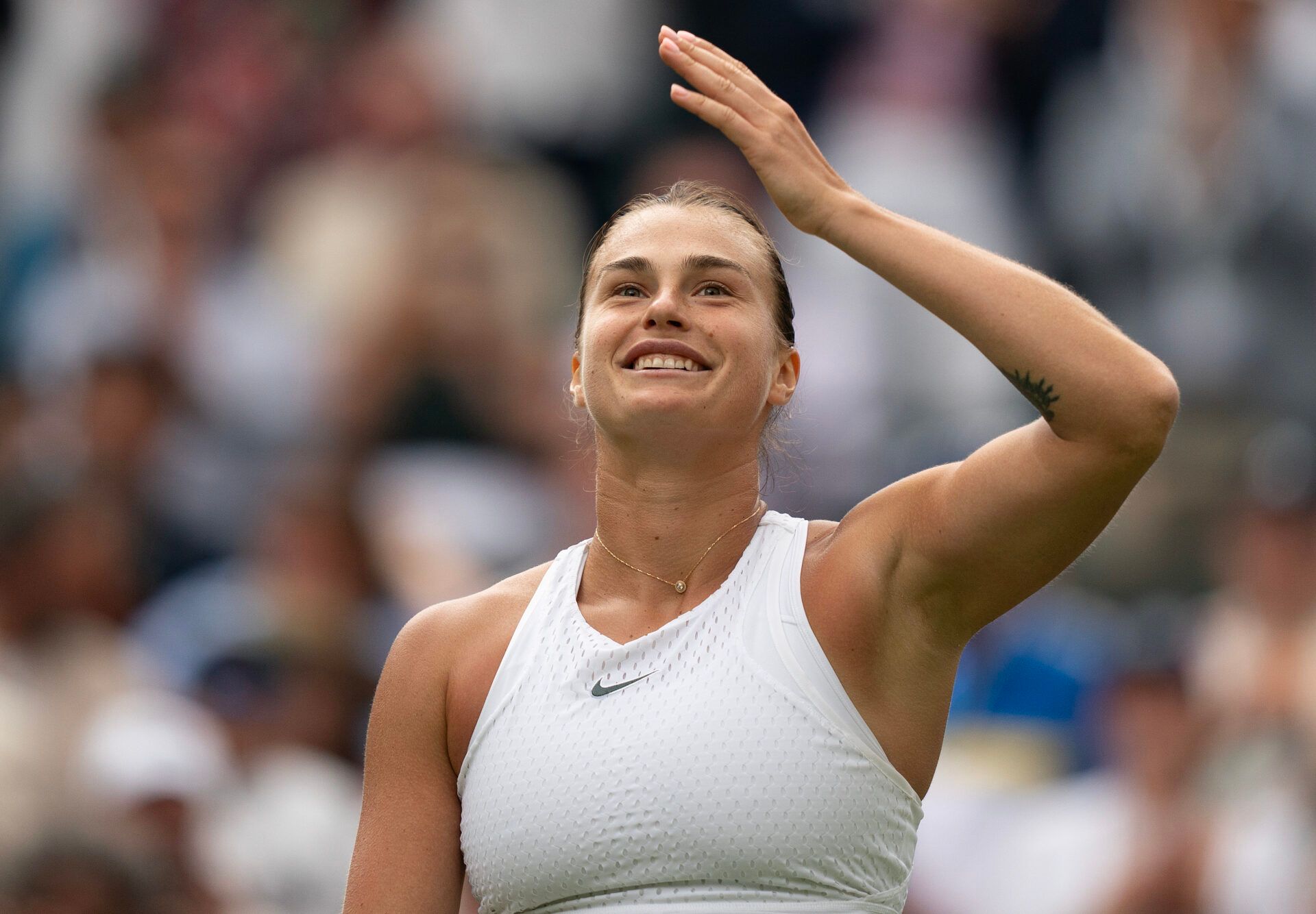 Aryna Sabalenka celebrates winning her match against Madison Keys (USA) on day ten of Wimbledon at the All England Lawn Tennis and Croquet Club.