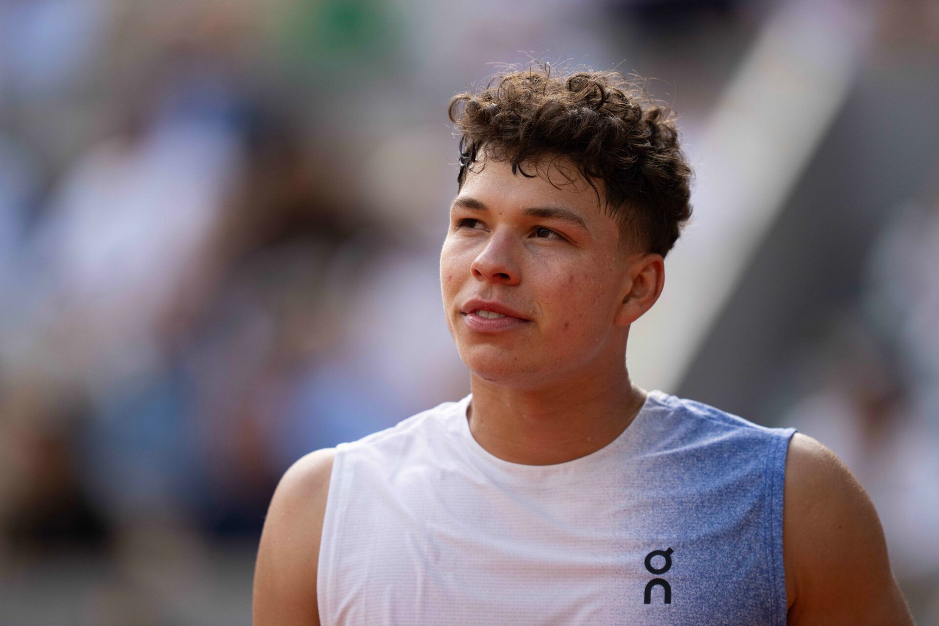 Ben Shelton of the United States  during his match against Carlos Alcaraz of Spain on day eight at Roland Garros Stadium.