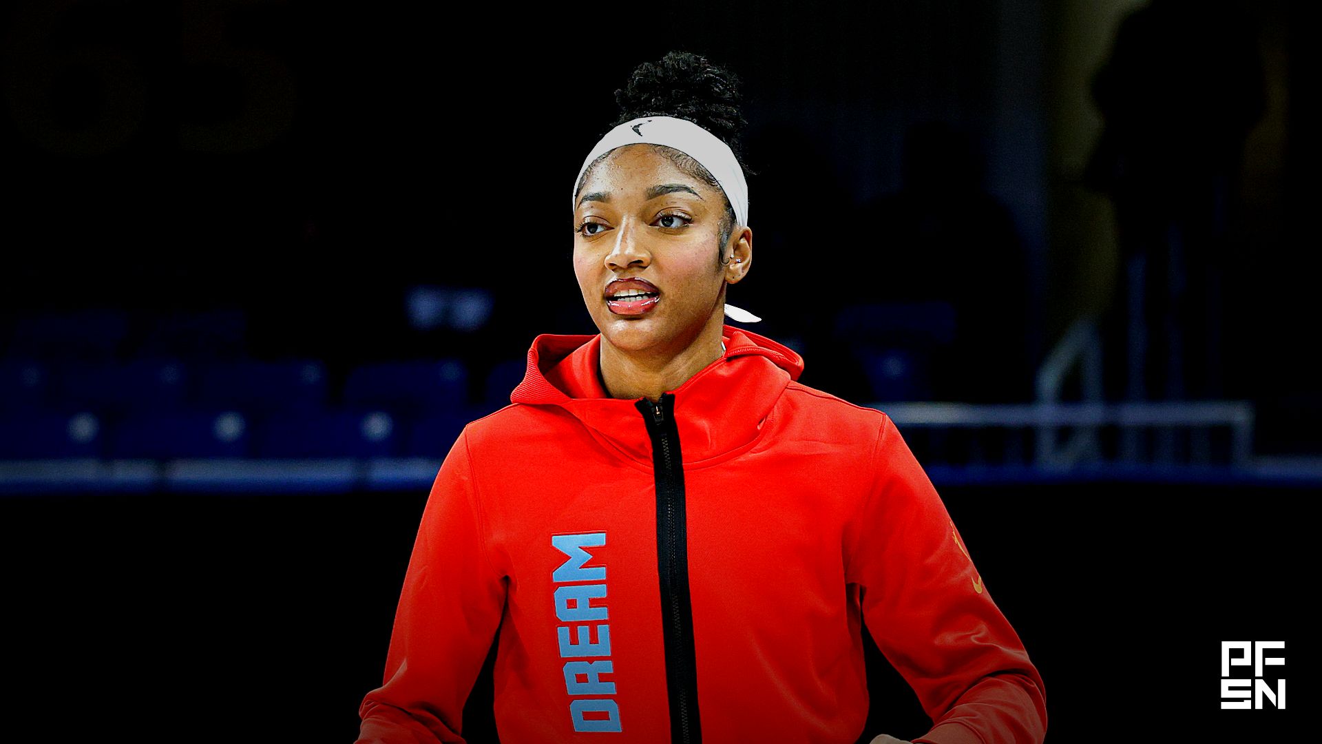 Atlanta Dream forward Angel Reese (5) warms up before a WNBA preseason game against the Chicago Sky at Wintrust Arena.