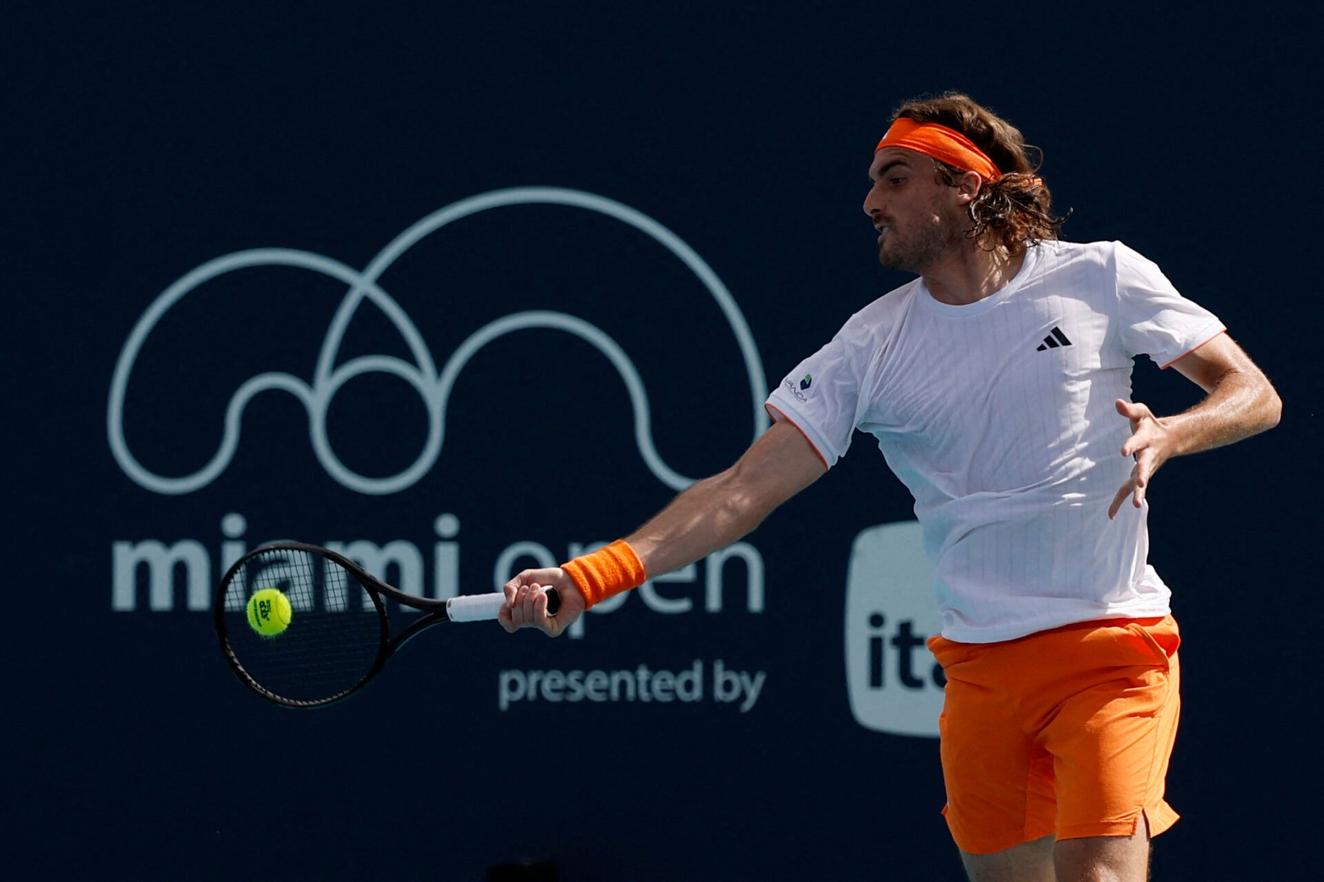 Stefanos Tsitsipas (GRE) hits a forehand against Arthur Fery (GBR) (not pictured) on day three of the 2026 Miami Open at Hard Rock Stadium.
