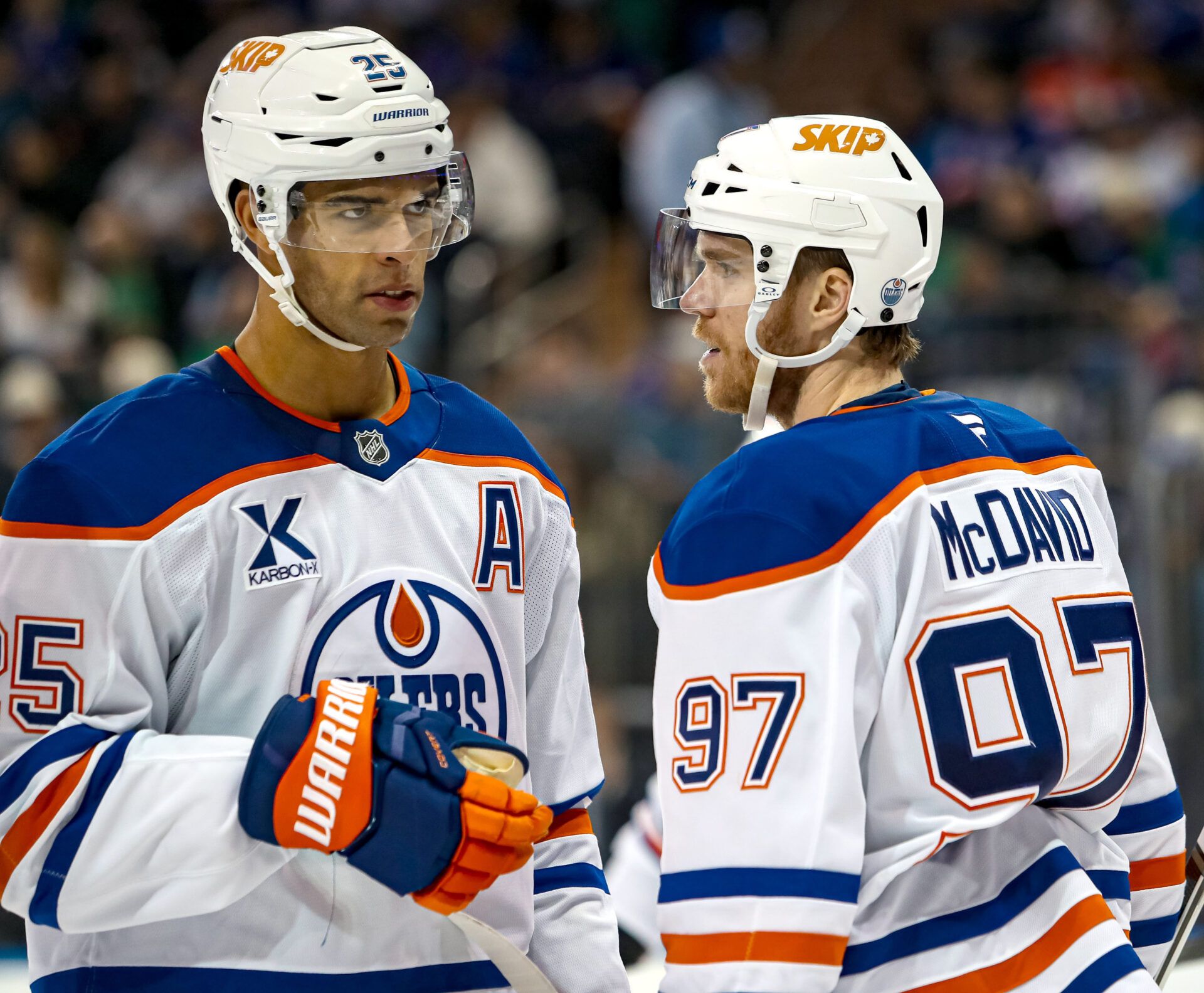 Edmonton Oilers defenseman Darnell Nurse (25) talks with center Connor McDavid (97) during the second period against the New York Rangers at Madison Square Garden.