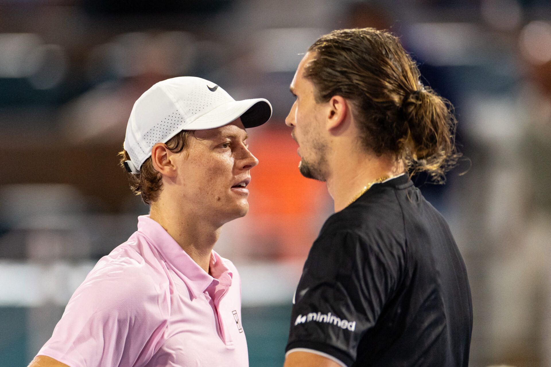 Jannik Sinner of Italy is congratulated by Alexander Zverev of Germany after his victory in the semi-finals of the men’s singles at the Miami Open at the Hard Rock Stadium.