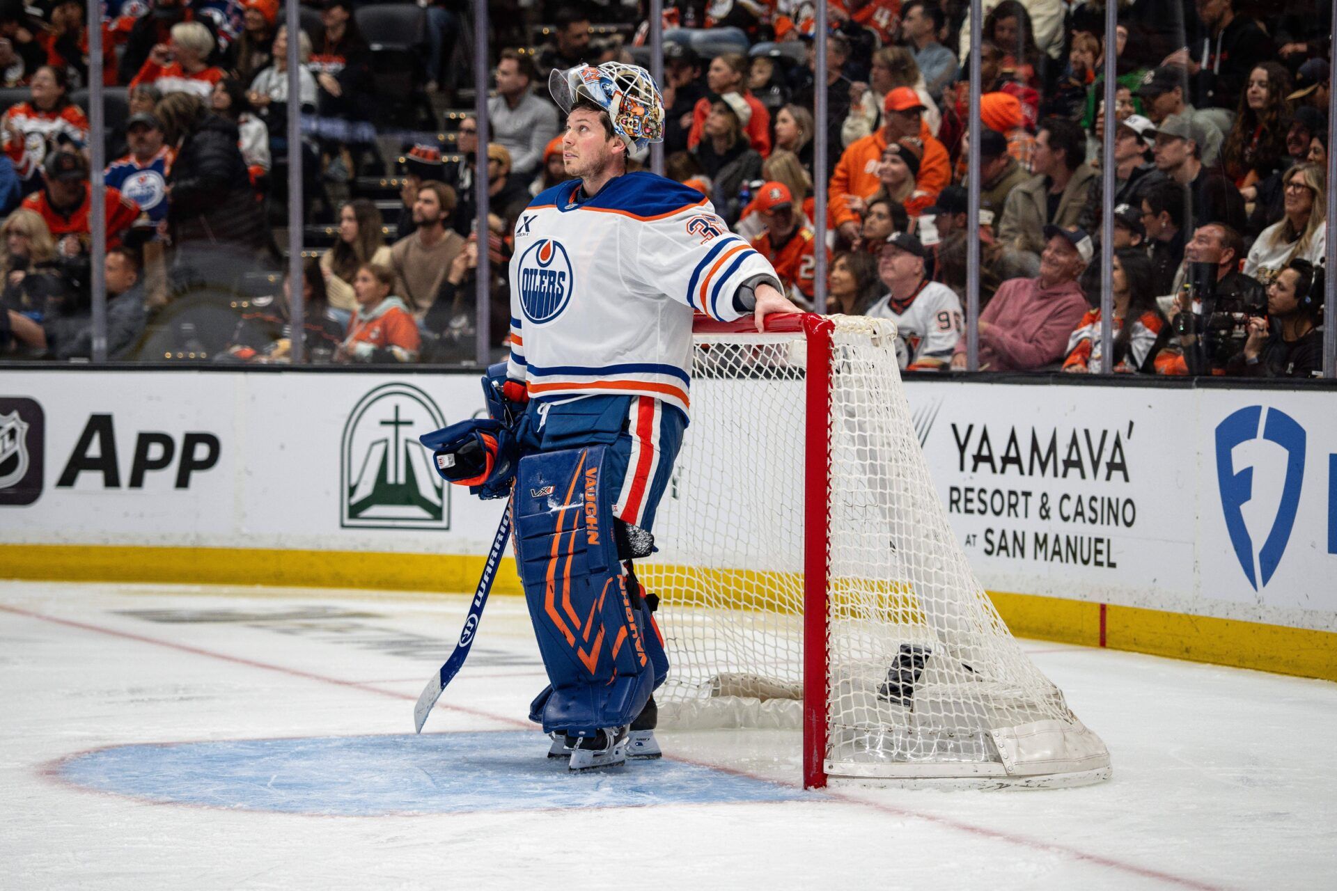 Edmonton Oilers goaltender Tristan Jarry (35) stands in goal during the second period against the Anaheim Ducks in game four of the first round of the 2026 Stanley Cup Playoffs at Honda Center.