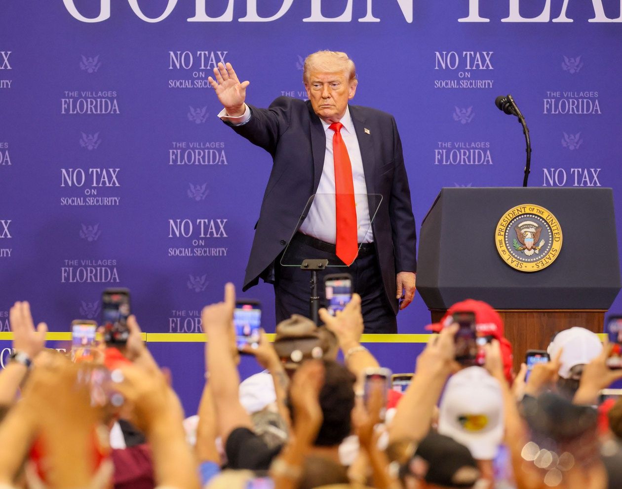 President Donald Trump winds up his speech at Middleton High School (The Villages Charter School) on May 1, 2026, in The Villages.