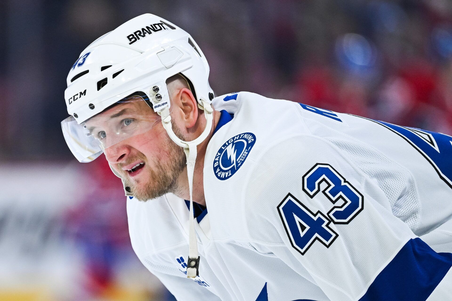 Tampa Bay Lightning defenseman Darren Raddysh (43) looks on during warm-up before the game against the Montreal Canadiens in game four of the first round of the 2026 Stanley Cup Playoffs at Bell Centre.