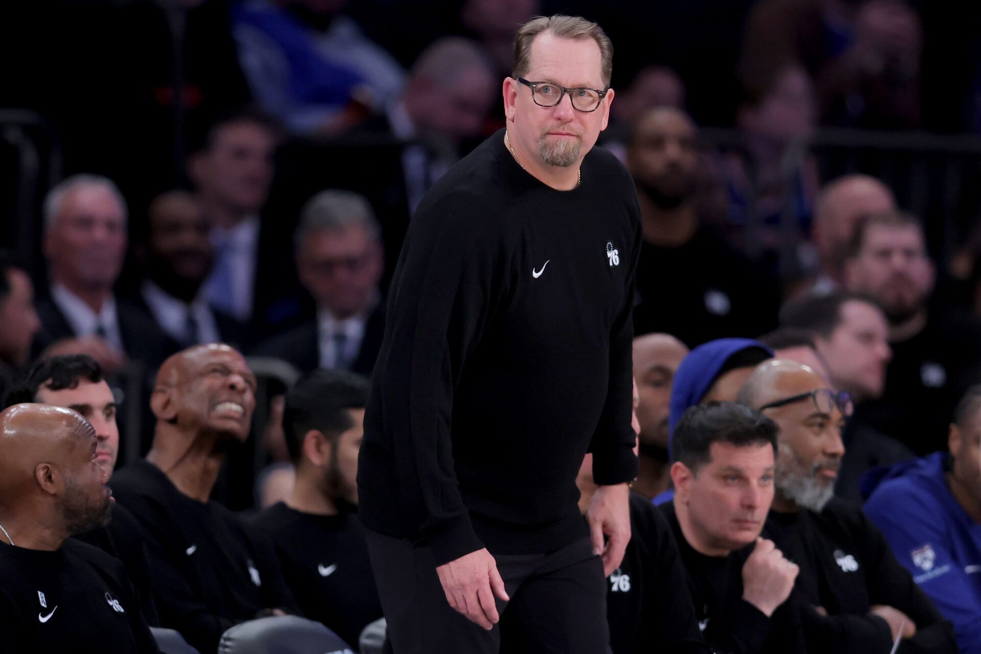 Philadelphia 76ers Head Coach Nick Nurse coaches against the New York Knicks during the fourth quarter of game one of the eastern conference semifinal round of the 2026 NBA Playoffs at Madison Square Garden.