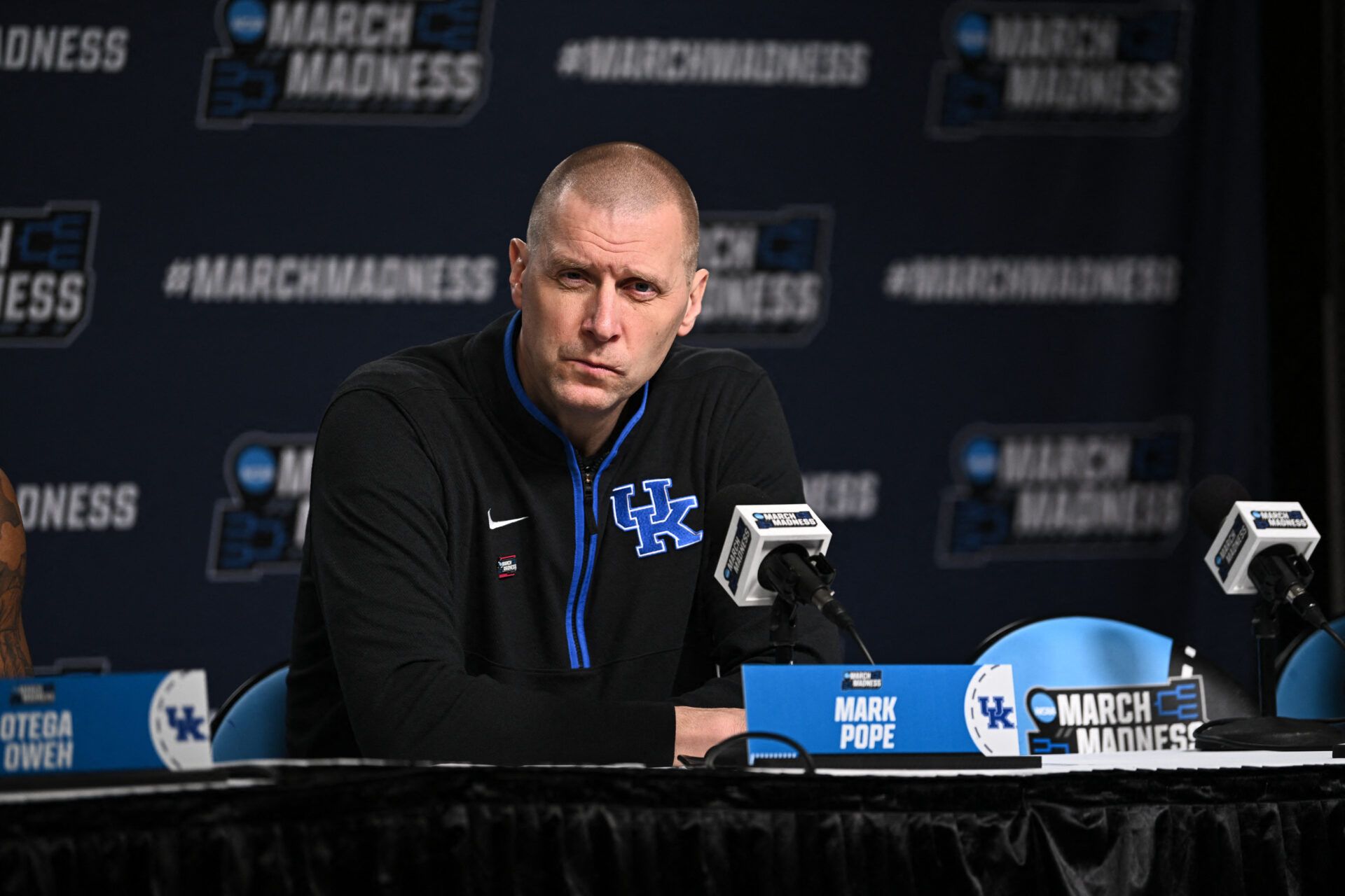 Kentucky Wildcats head coach Mark Pope speaks during the postgame press conference after the game against the Iowa State Cyclones during a second round game of the men's 2026 NCAA Tournament at Enterprise Center.