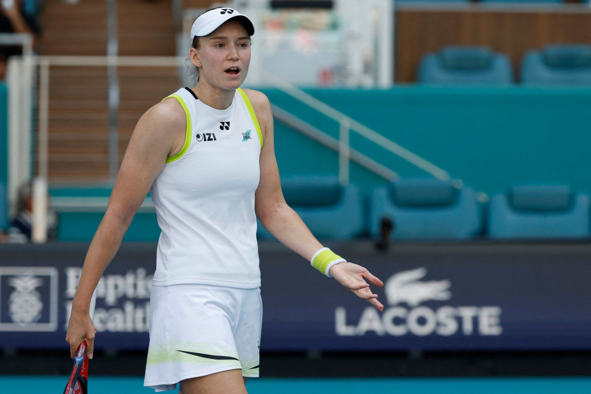 Elena Rybakina (KAZ) reacts after losing a point against Jessica Pegula (USA) (not pictured) on day nine of the 2026 Miami Open at Hard Rock Stadium.