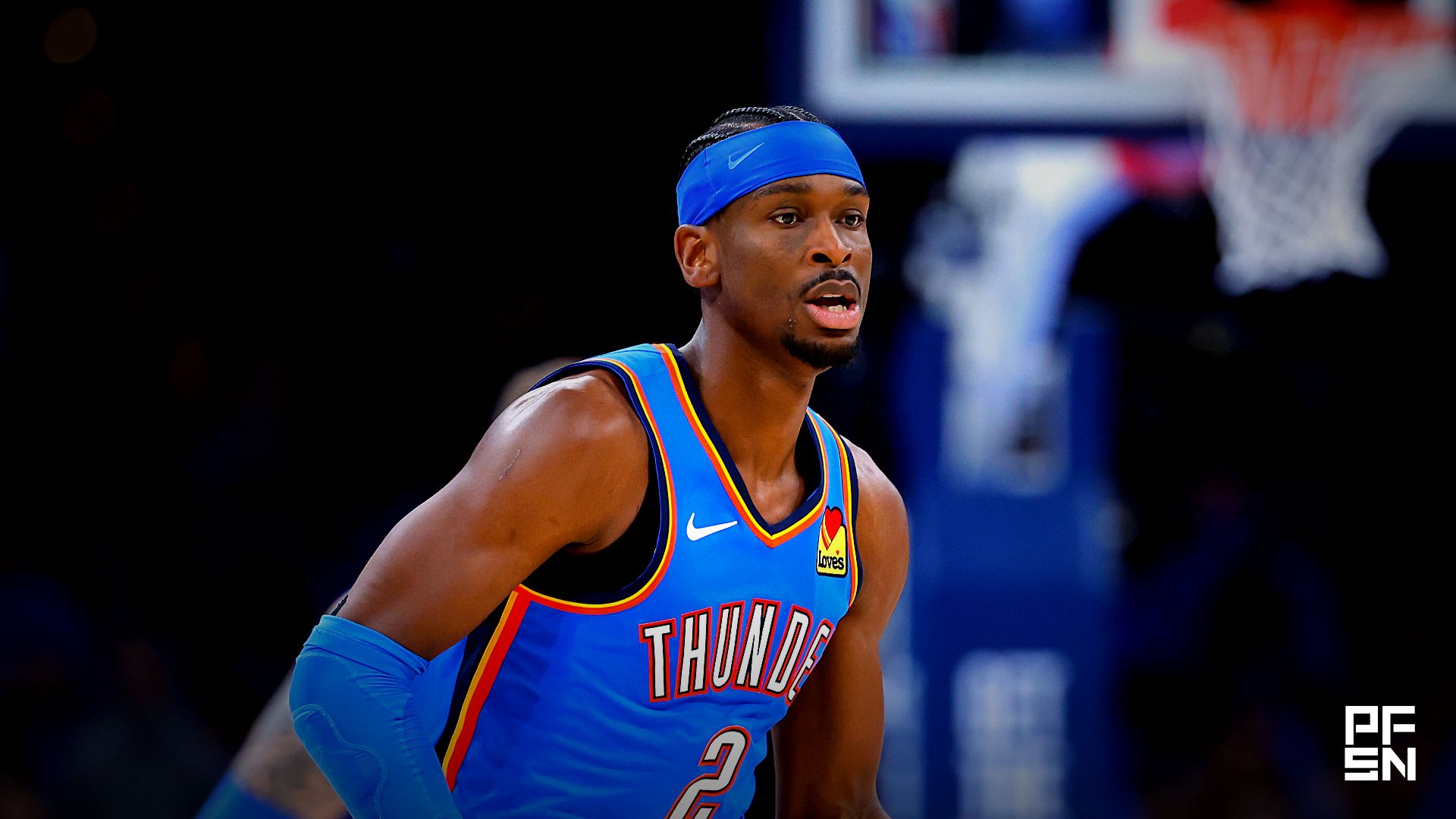 Oklahoma City Thunder guard Shai Gilgeous-Alexander (2) dribbles down the court against the Los Angeles Lakers in the second half during game one of the second round of the 2026 NBA Playoffs at Paycom Center.
