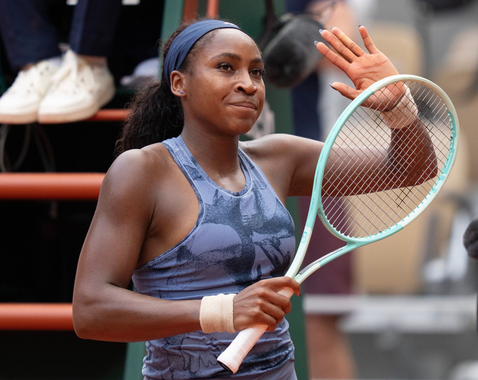 Coco Gauff of the United States celebrates winning her match against Marie Bouzkova of the Czech Republic  on day seven at Roland Garros Stadium.