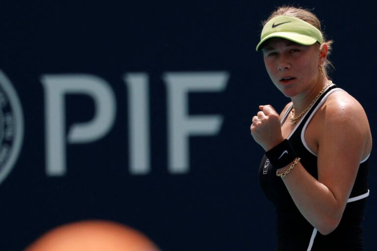 Amanda Anisimova (USA) reacts after winning a point against Ajla Tomljanovic (AUS) (not pictured) on day four of the 2026 Miami Open at Hard Rock Stadium.