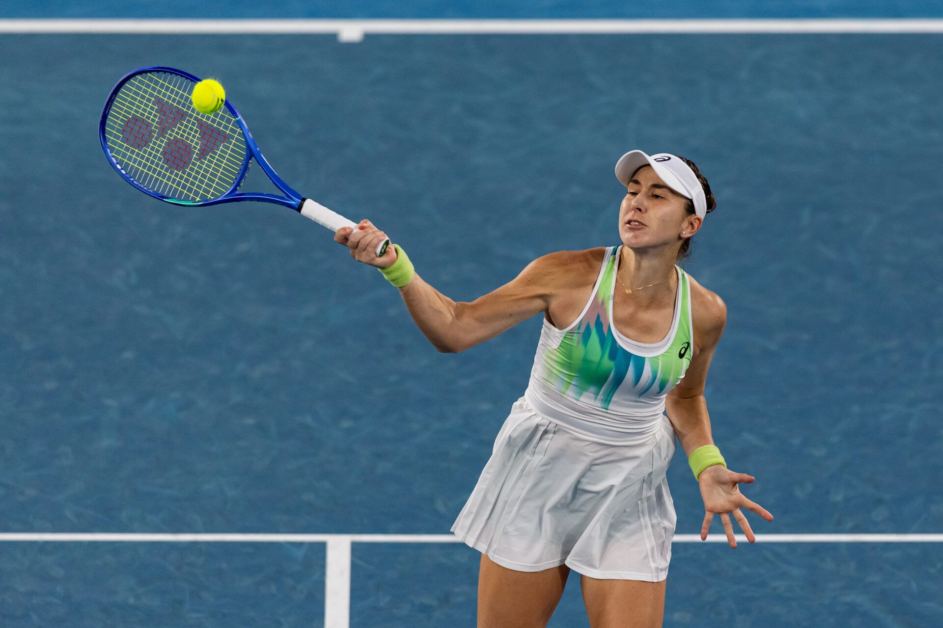 Belinda Bencic of Switzerland in action against Katie Boulter of United Kingdom in the first round of the womens singles at the Australian Open at Margaret Court Arena in Melbourne Park.
