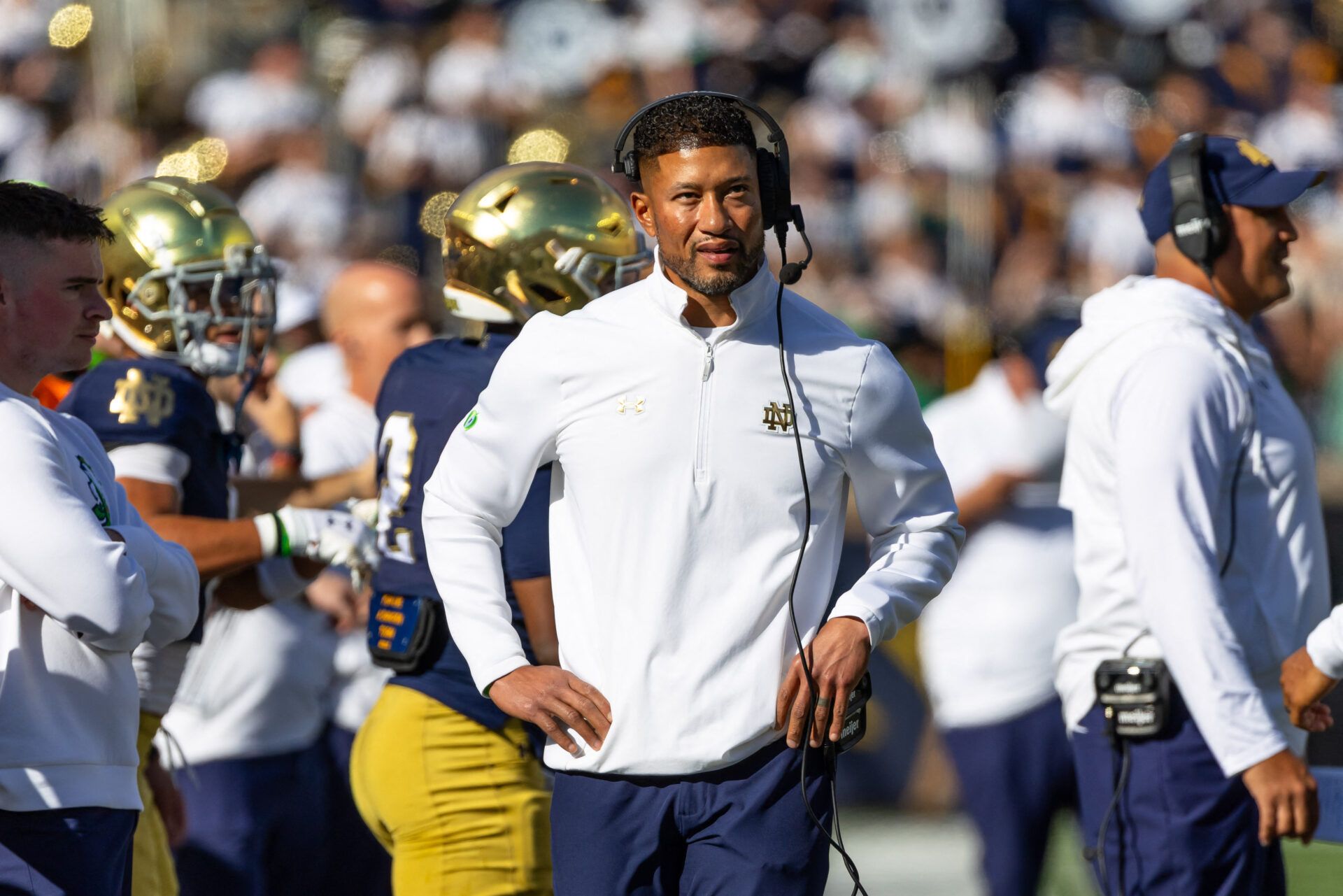 Notre Dame Fighting Irish head coach Marcus Freeman looks to the scoreboard against the NC State Wolfpack during the first half at Notre Dame Stadium.