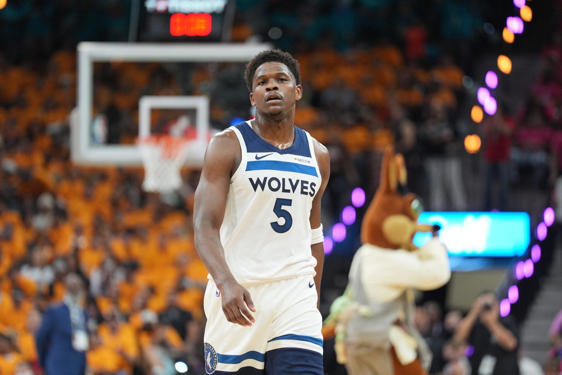 Minnesota Timberwolves guard Anthony Edwards (5) walks up the court in the first half against the San Antonio Spurs during game one of the second round of the 2026 NBA Playoffs at Frost Bank Center.