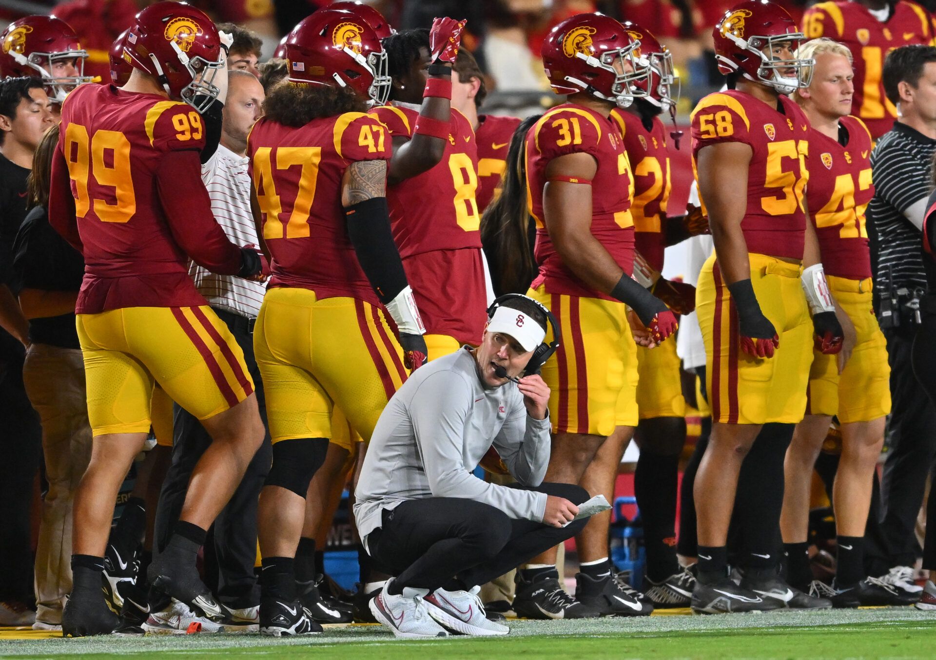USC Trojans head coach Lincoln Riley on the sidelines during a game against the Arizona State Sun Devils at United Airlines Field at the Los Angeles Memorial Coliseum.