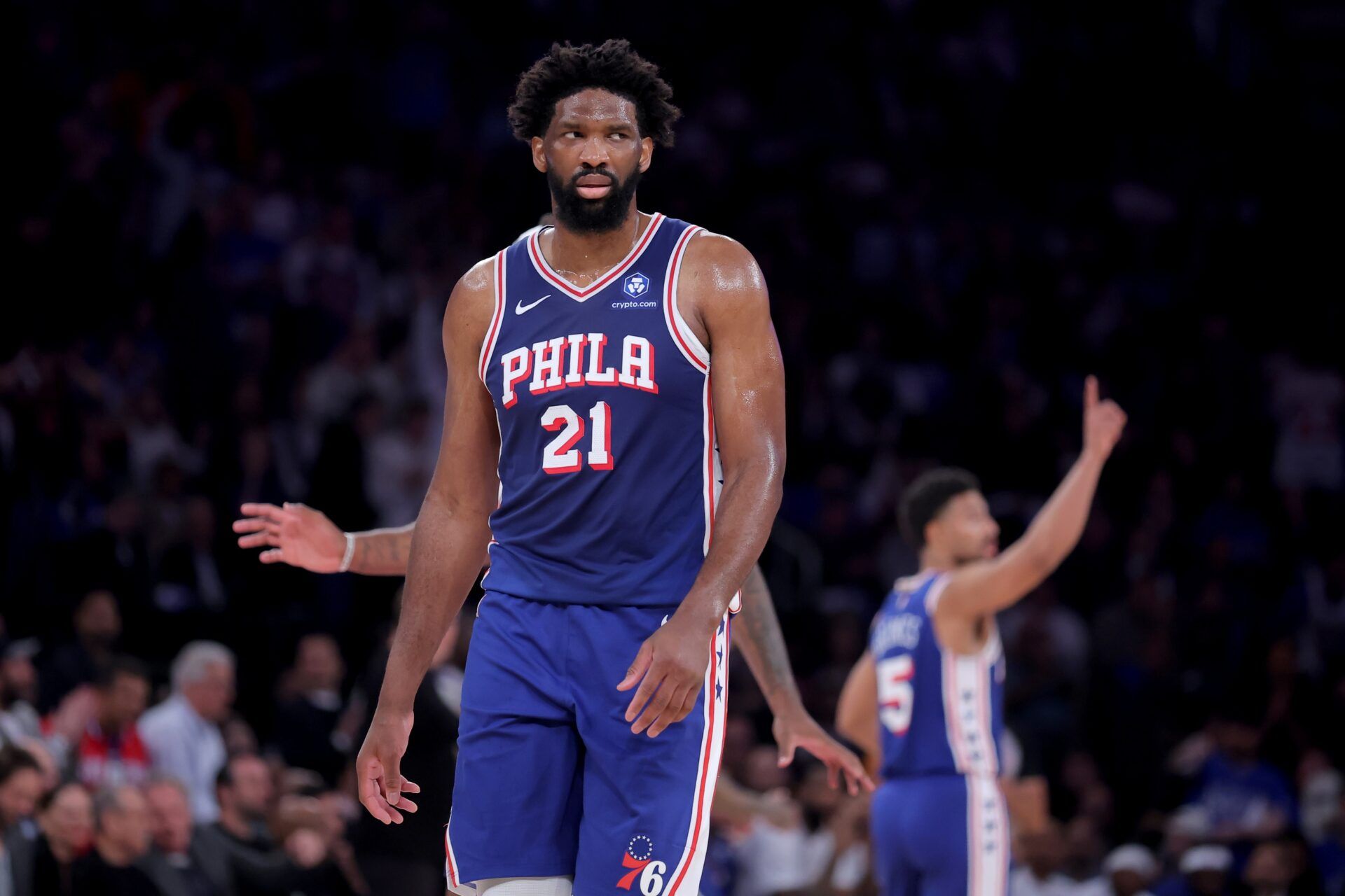 Philadelphia 76ers center Joel Embiid (21) reacts during the first quarter of game one of the eastern conference semifinal round of the 2026 NBA Playoffs against the New York Knicks at Madison Square Garden.