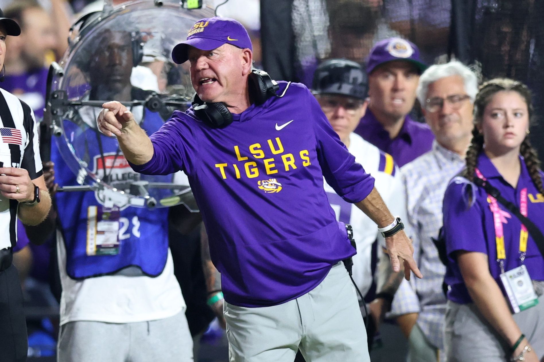 Louisiana State Tigers head coach Brian Kelly during the first half against the Texas A&M Aggies at Tiger Stadium.