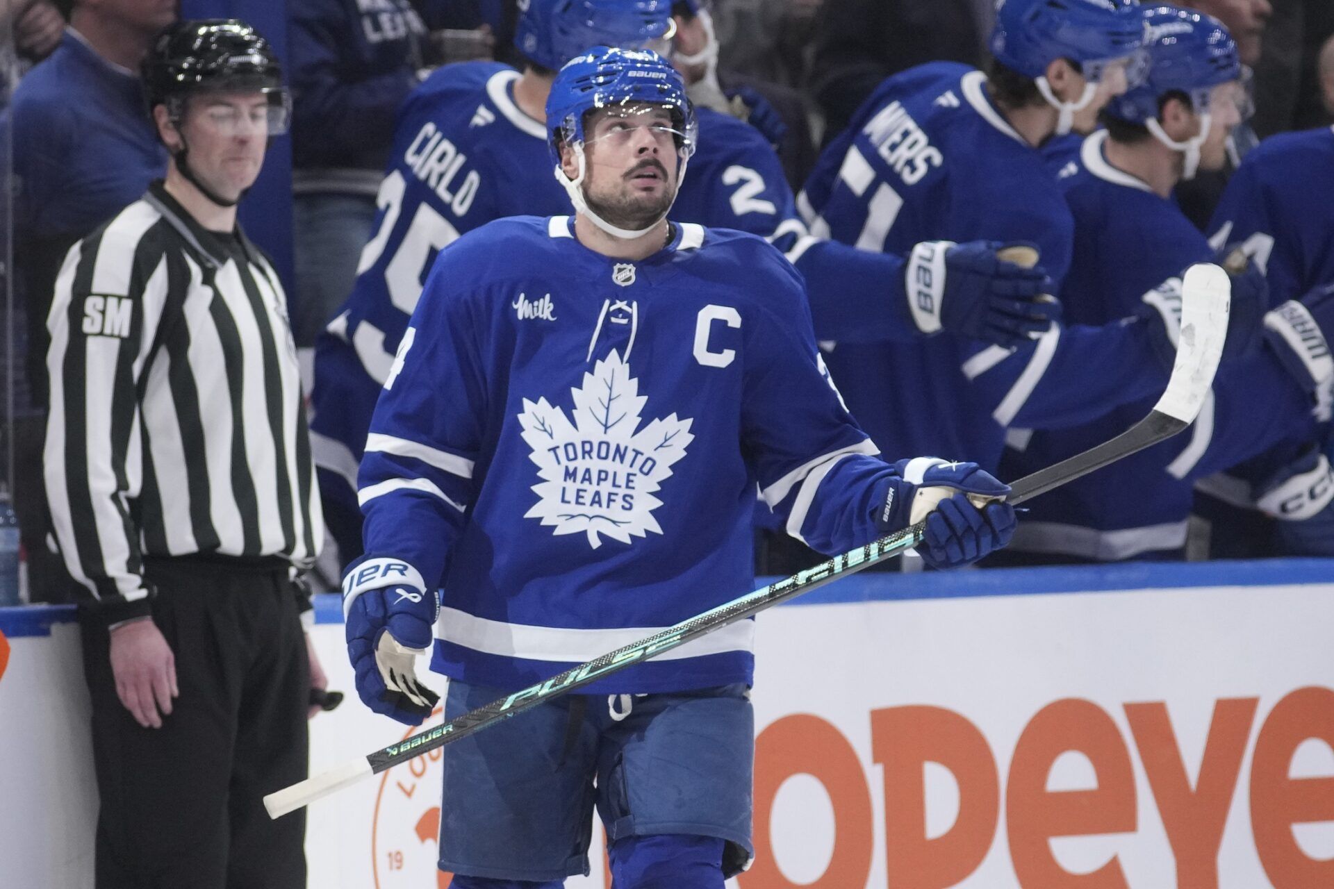 Toronto Maple Leafs forward Auston Matthews (34) looks up at the scoreboard after scoring against the Anaheim Ducks during the second period at Scotiabank Arena.