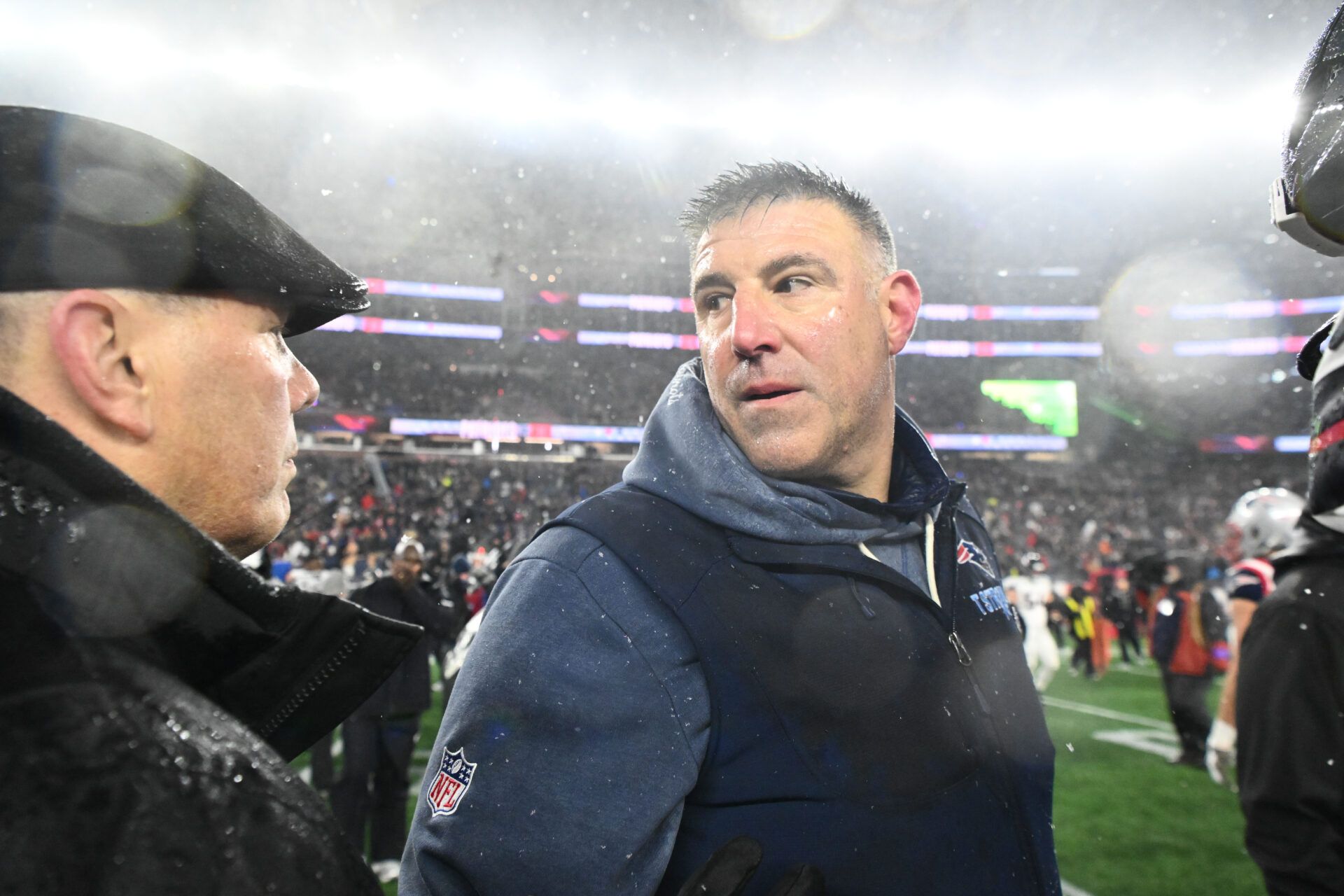 New England Patriots head coach Mike Vrabel looks on after the game against the Houston Texans in an AFC Divisional Round game at Gillette Stadium.