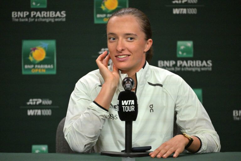 Iga Swiatek (POL) speaks to the media at a news conference during the BNP Paribas Open at the Indian Wells Tennis Garden.