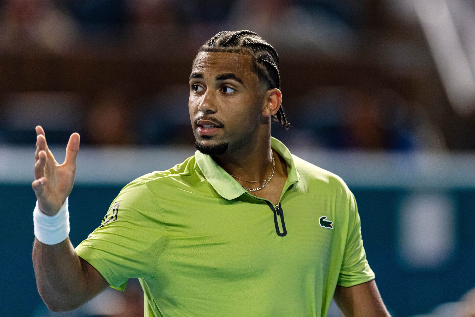 Arthur Fils of France reacts during his match against Tommy Paul of the United States in the quarter finals of the men’s singles at the Miami Open at Hard Rock Stadium.