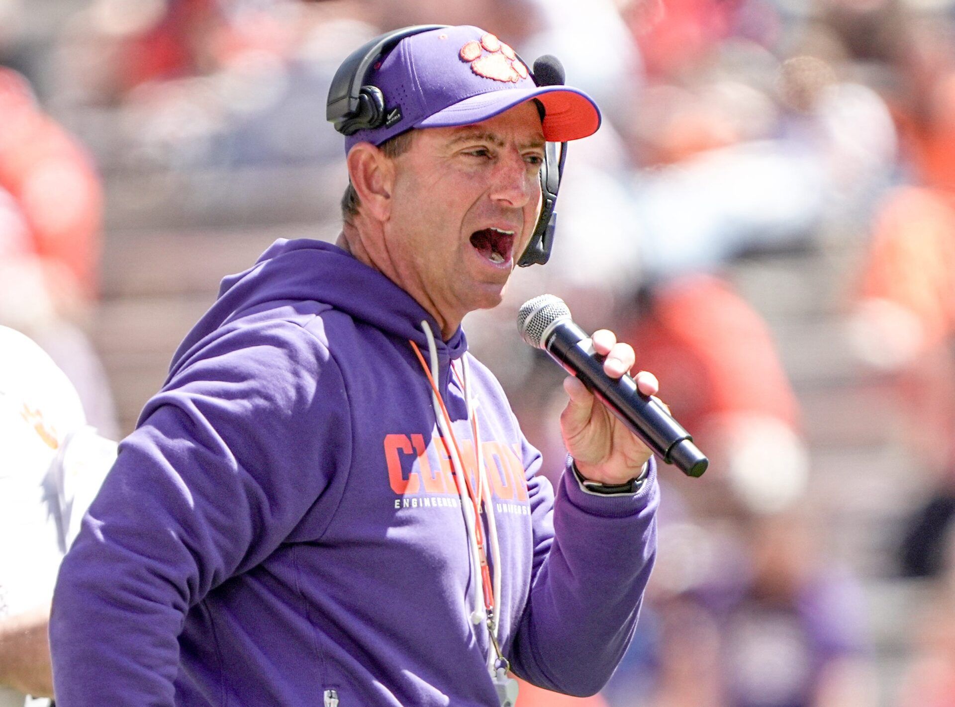 Clemson head coach Dabo Swinney during the first half at the annnual Clemson Orange and White spring game at Memorial Stadium in Clemson, South Carolina Saturday, March 28, 2026.