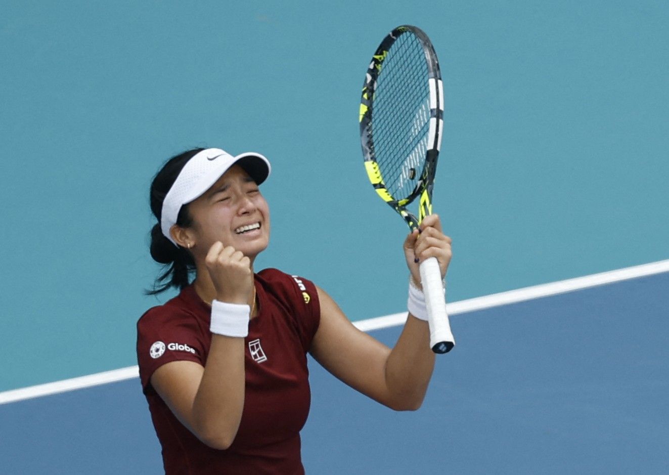 Alexandra Eala (PHL) celebrates after her match against Iga Swiatek (POL)(not pictured) on day nine of the Miami Open at Hard Rock Stadium.