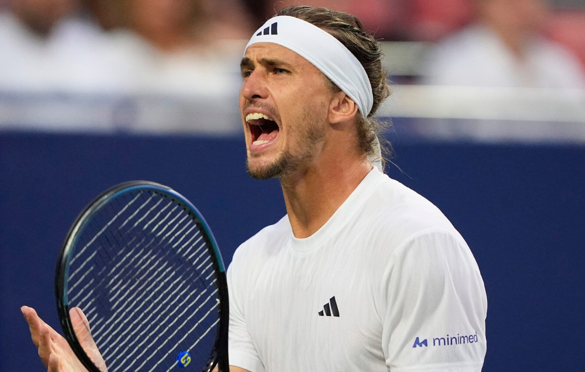 Alexander Zverev (GER) reacts after losing a point to Alexei Popyrin (not pictured) during quarterfinals at Sobeys Stadium.