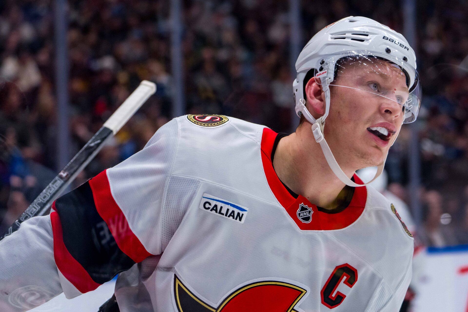 Ottawa Senators forward Brady Tkachuk (7) during a stop in play against the Vancouver Canucks in the third period at Rogers Arena.