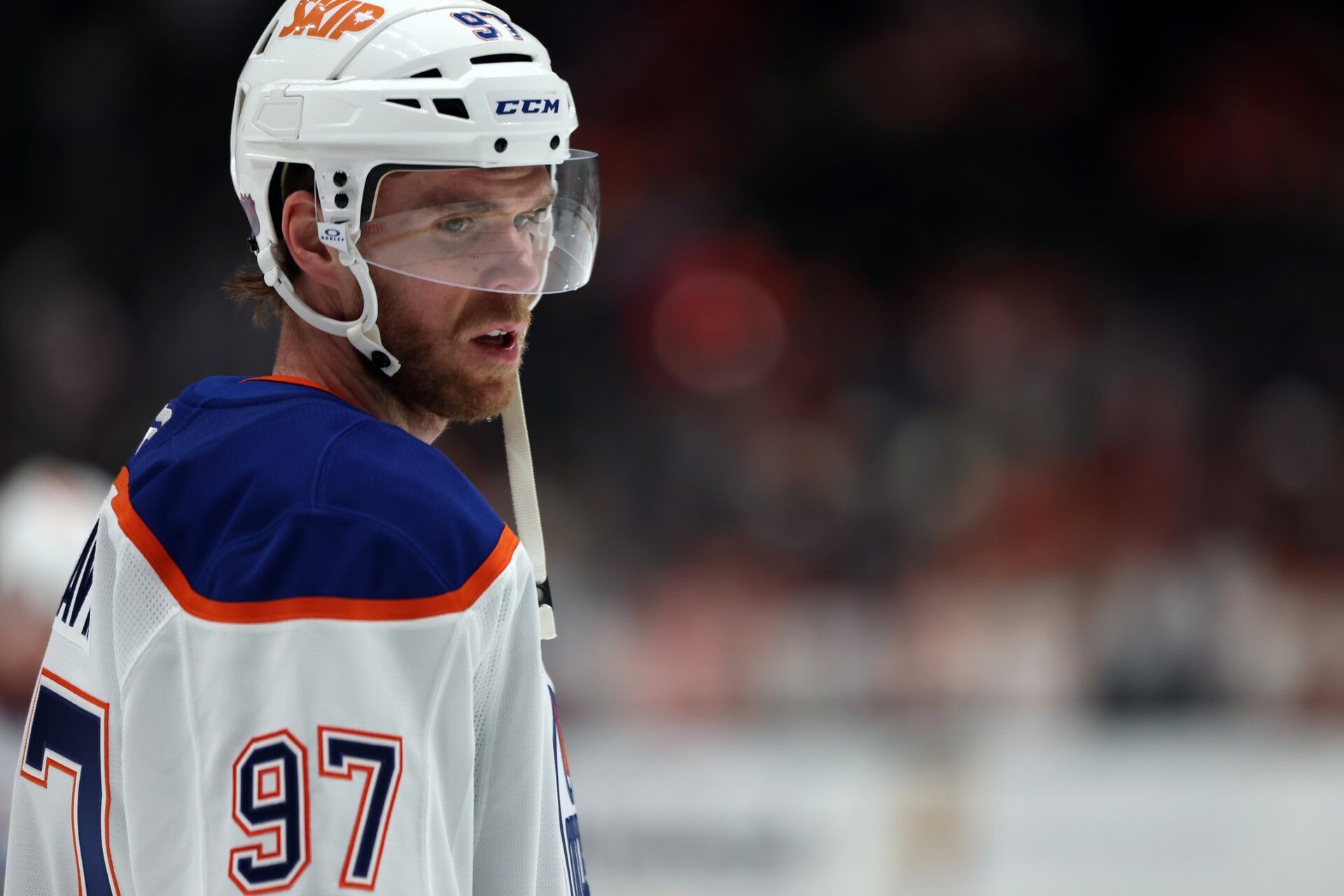 Edmonton Oilers center Connor McDavid (97) warms up before the game against the Anaheim Ducks at Honda Center.
