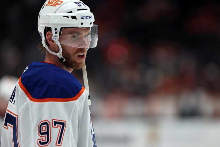 Edmonton Oilers center Connor McDavid (97) warms up before the game against the Anaheim Ducks at Honda Center.