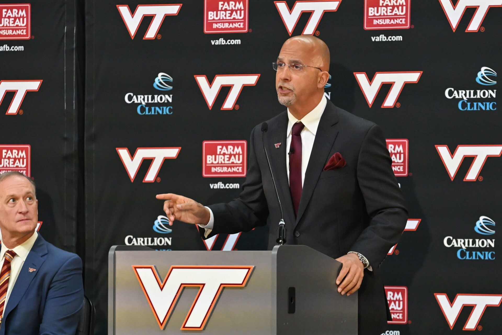 Virginia Tech head coach James Franklin speaks during the press conference at Cassell Coliseum.