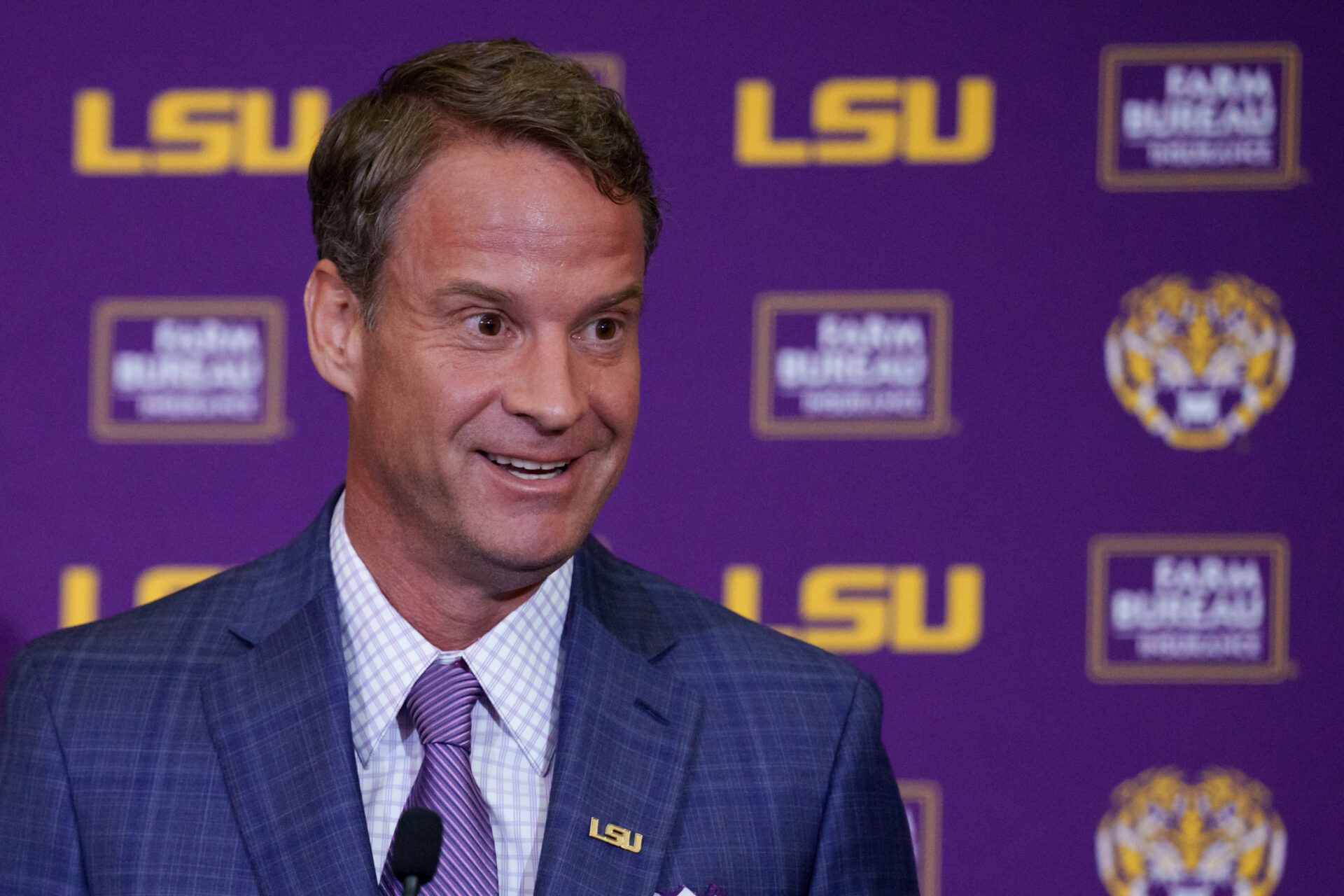 LSU new head coach Lane Kiffin speaks at South Stadium Club at Tiger Stadium.