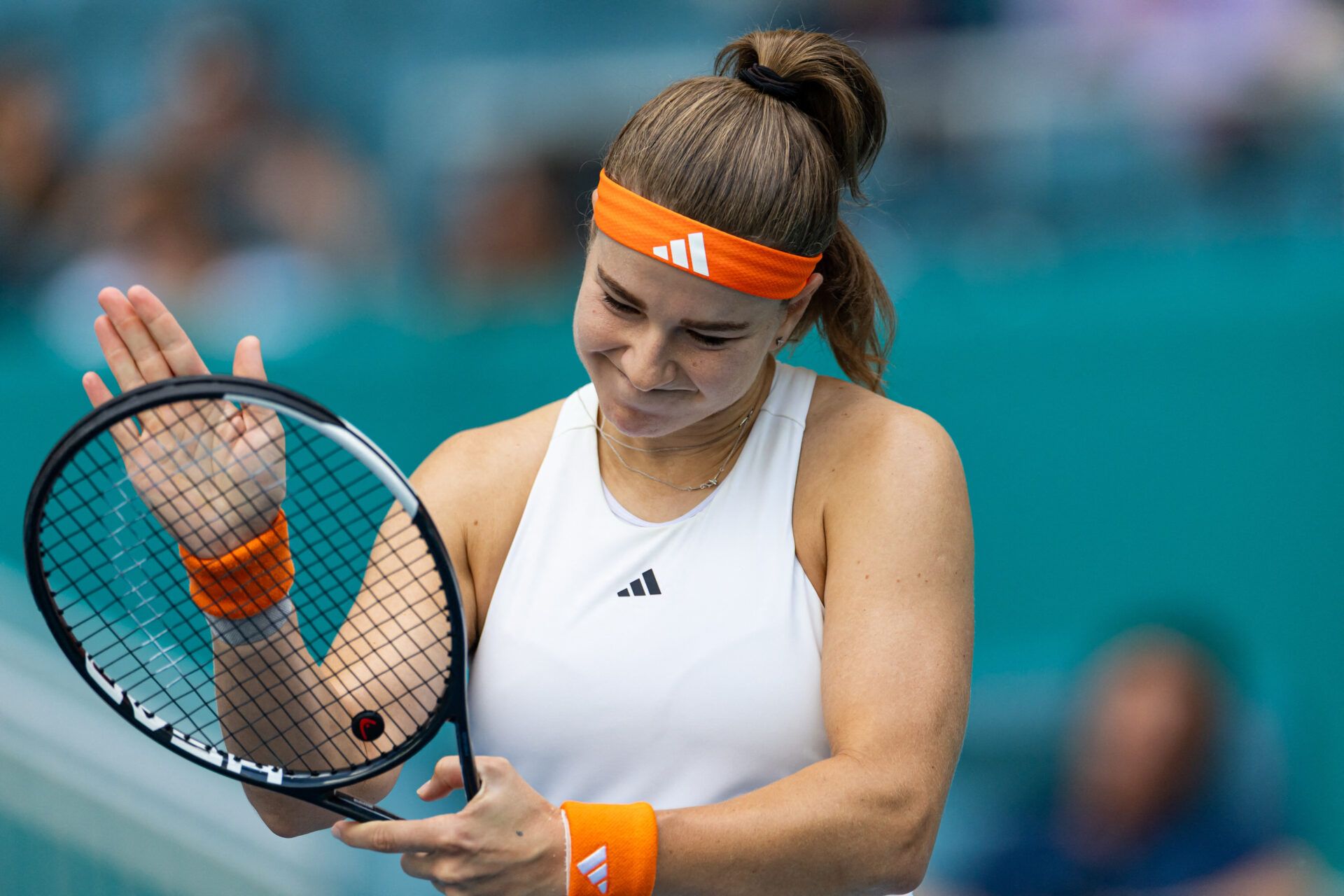 Karolina Muchova of the Czech Republic reacts after missing a shot against Coco Gauff of the United States in the semi-finals of the women’s singles at the Miami Open at the Hard Rock Stadium.