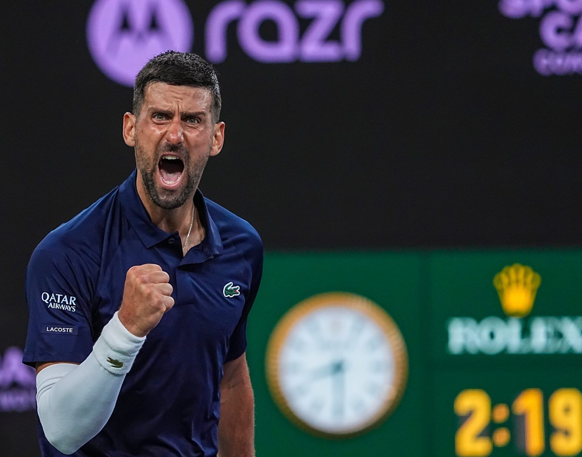Novak Djokovic celebrates a game win against Jack Draper during their fourth-round match at the BNP Paribas Open in Indian Wells, Calif., Wednesday, March 11, 2026.